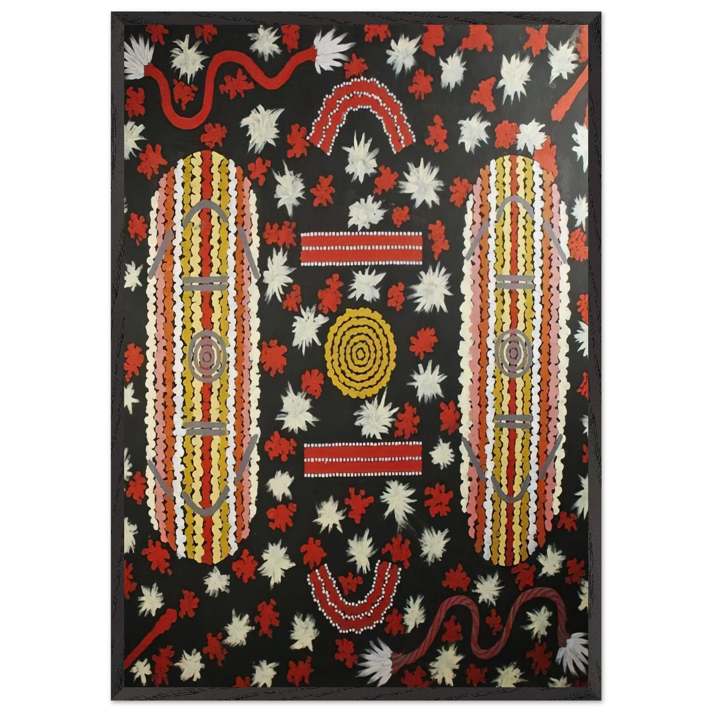 Mens Ceremony - 1988 - Clifford Possum Tjapaltjarri Framed Art Print – Black Wooden Frame - Default Title - -Framed Art Print