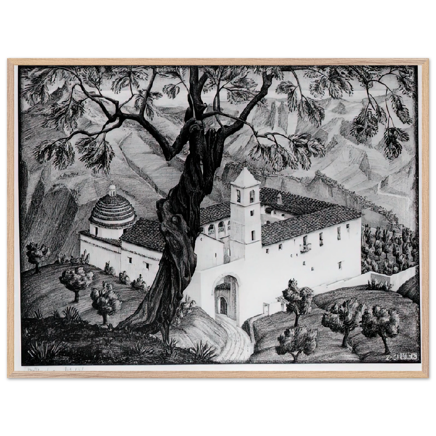 MC Escher - CLOISTER NEAR ROCCA IMPERIALE CALABRIA Wall Art - 30x40 cm / 12x16 inches - Premium Wooden Framed Poster With Fine Art Paper - White frame