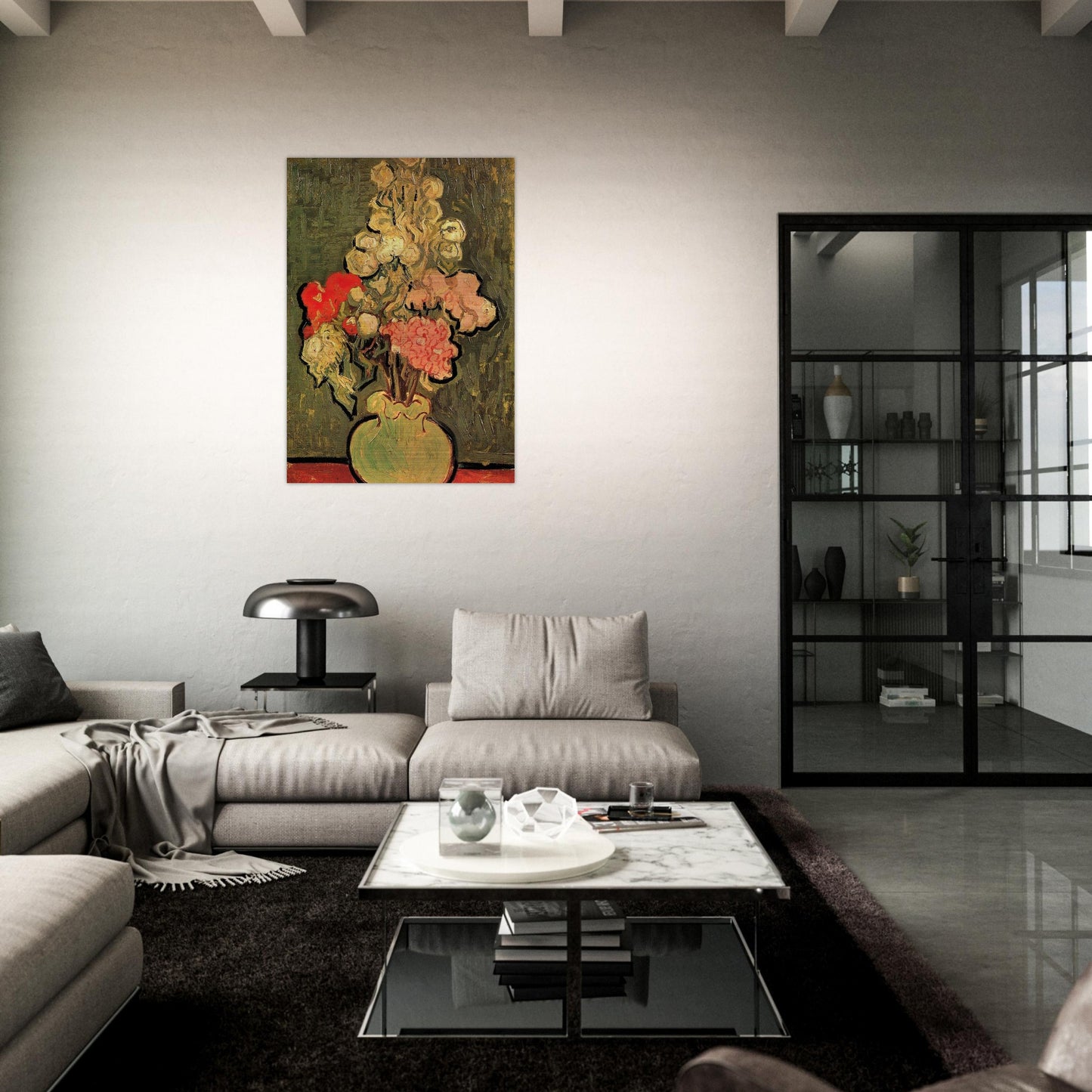 Still Life Vase with Rose-Mallows - Vincent van Gogh Brushed Aluminum Print - 70x100 cm / 28x40 inches | Vincent van Gogh Aluminum Print | Vincent van Gogh Prints