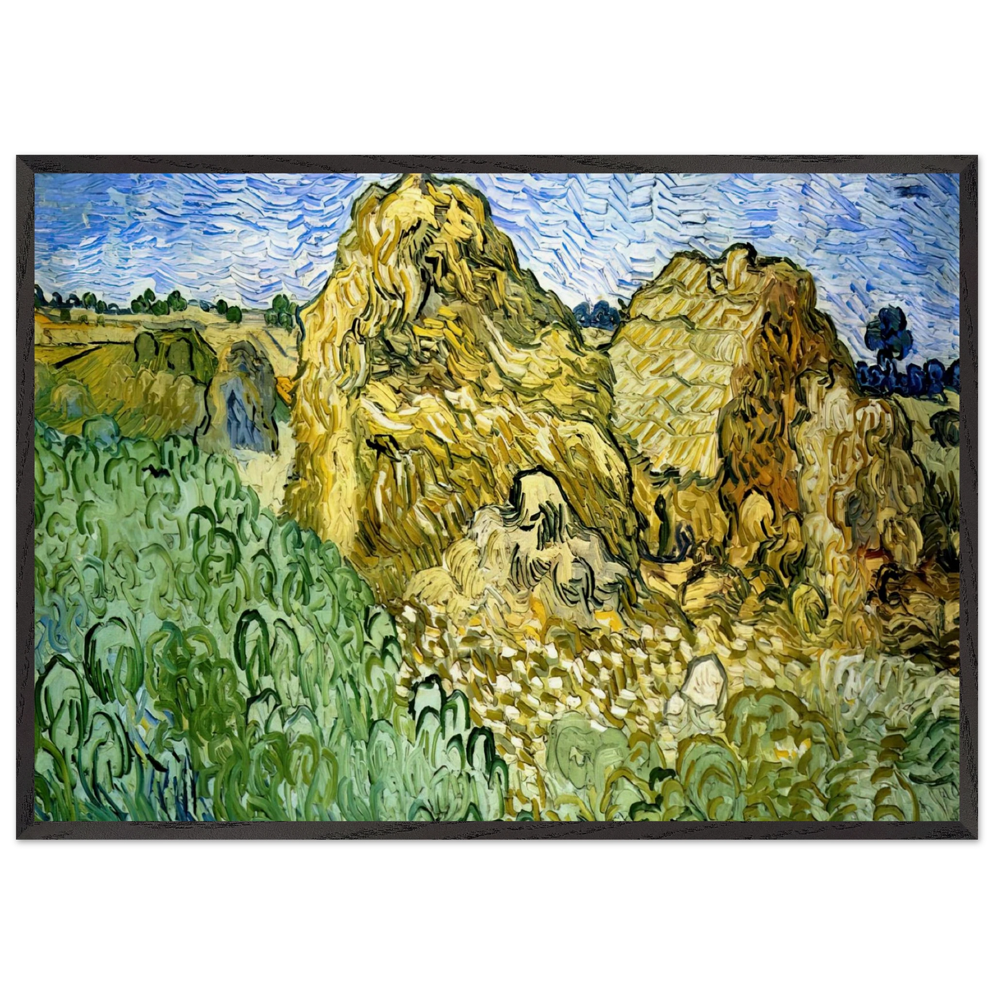 Field with Stacks of Wheat - Vincent van Gogh Framed Art Print – Black Wooden Frame - Default Title - -Framed Art Print