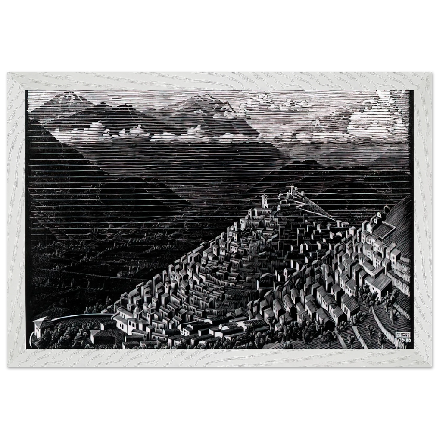 MC Escher - MORANO CALABRIA Wall Art - 21x29.7 cm / 8x12" - Premium Wooden Framed Poster With Fine Art Paper - Black frame