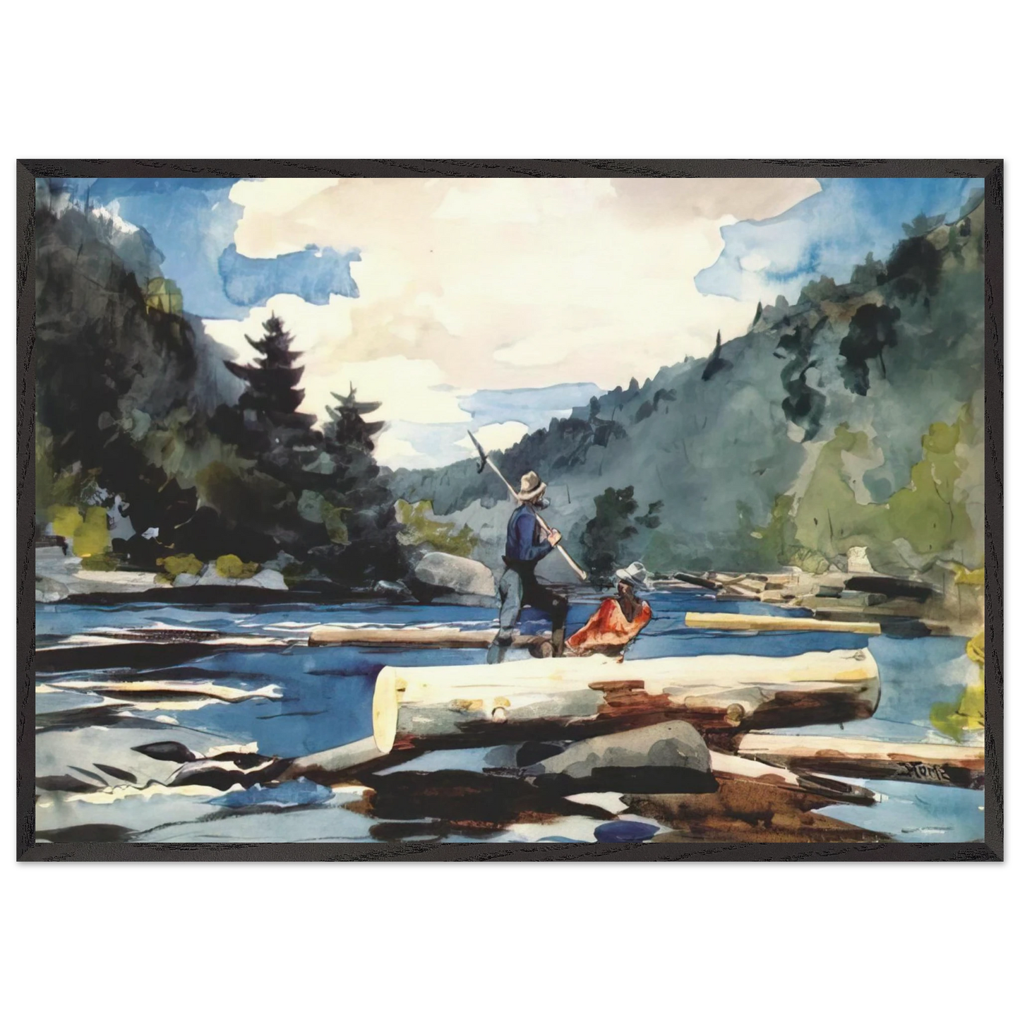 HUDSON RIVER LOGGING - Winslow Homer 70x100 cm / 28x40 inches Framed Art Print – Black Wooden Frame