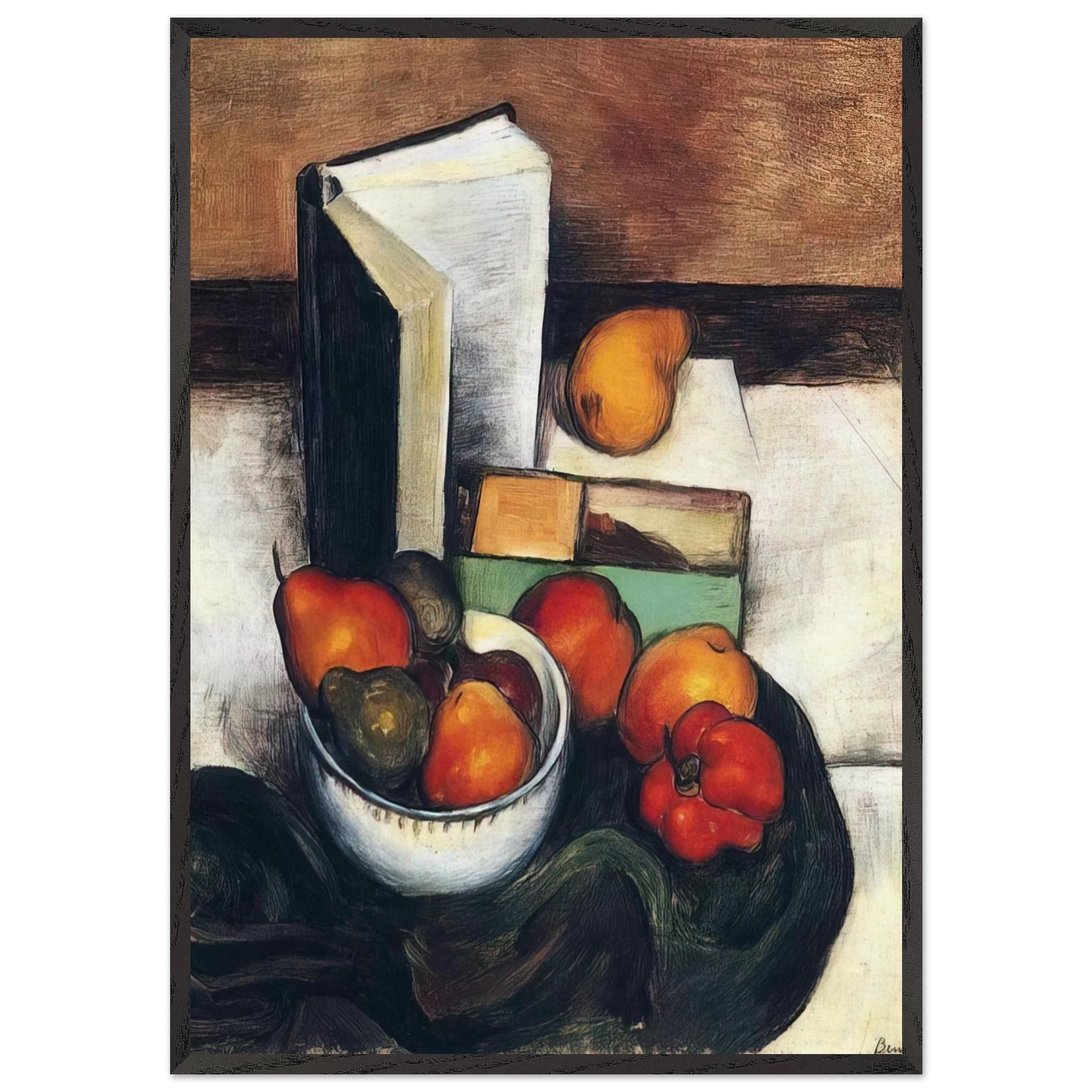 STILL LIFE WITH FRUIT AND VEGETABLES - Thomas Hart Benton Framed Art Print – Black Wooden Frame - Default Title - -Framed Art Print