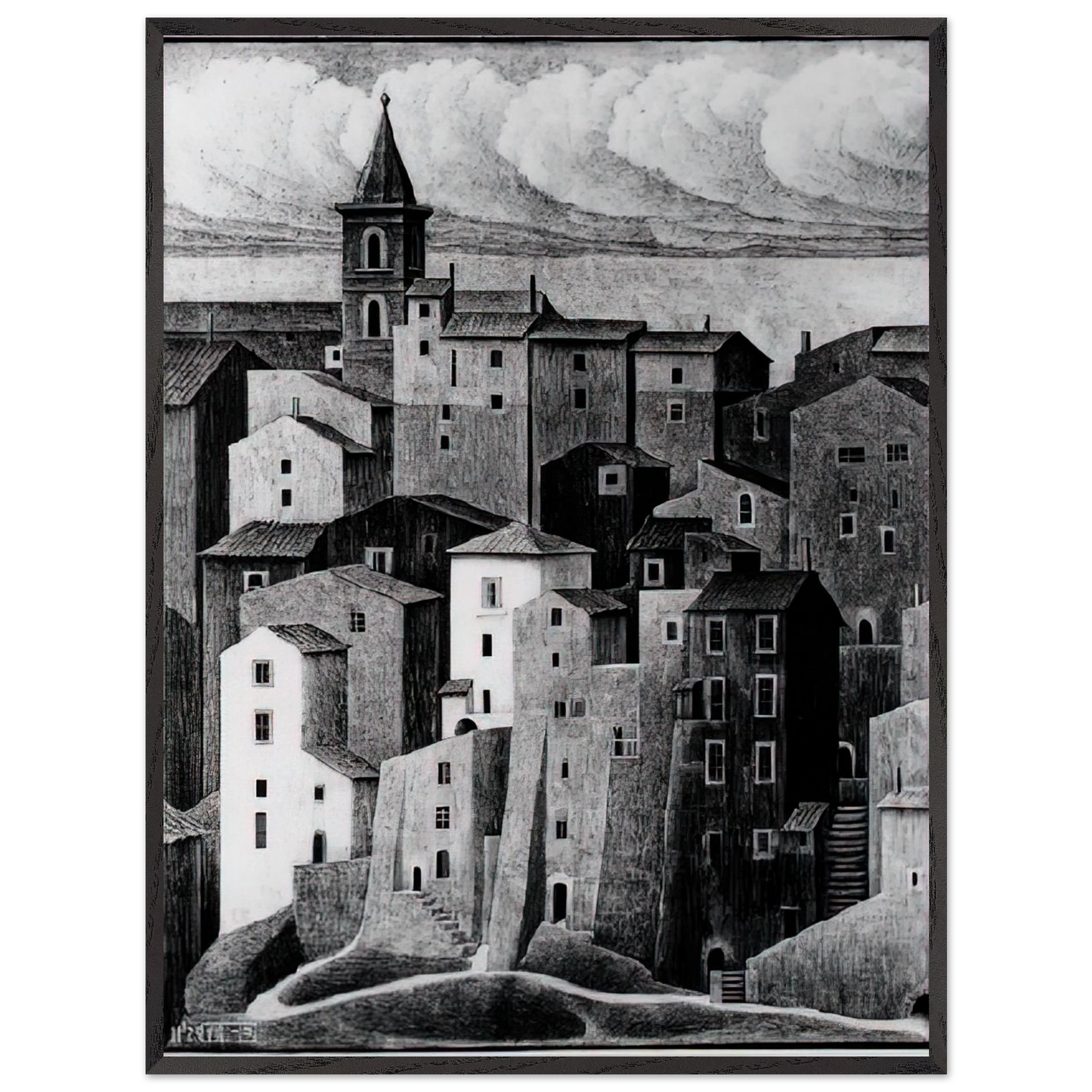 MC Escher - GENAZZANO ABRUZZI NOVEMBER 1929 1929 Wall Art - 21x29.7 cm / 8x12" - Premium Wooden Framed Poster With Fine Art Paper - Wood frame