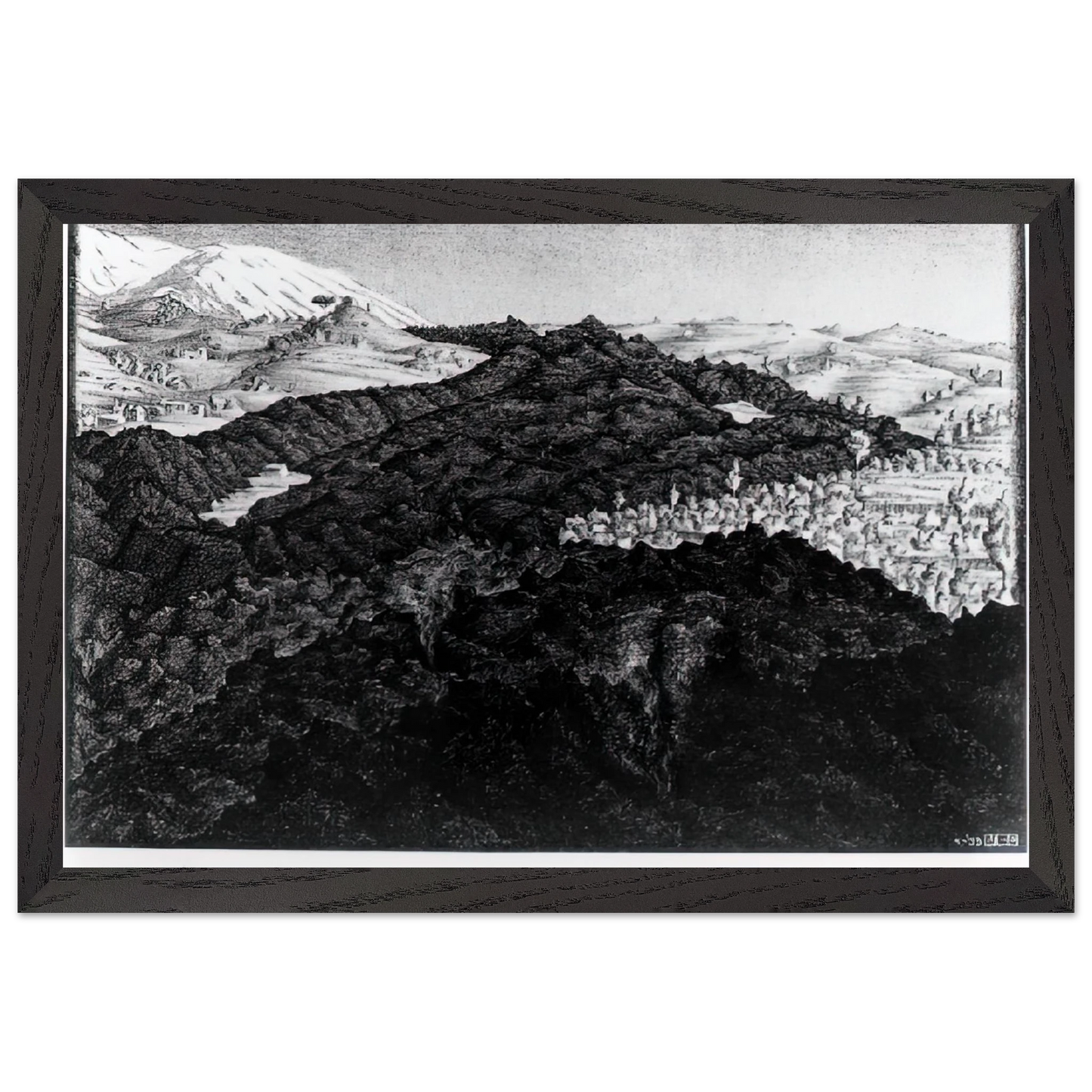 MC Escher - LAVA FLOW FROM ETNA Wall Art - 21x29.7 cm / 8x12" - Premium Wooden Framed Poster With Fine Art Paper - Wood frame