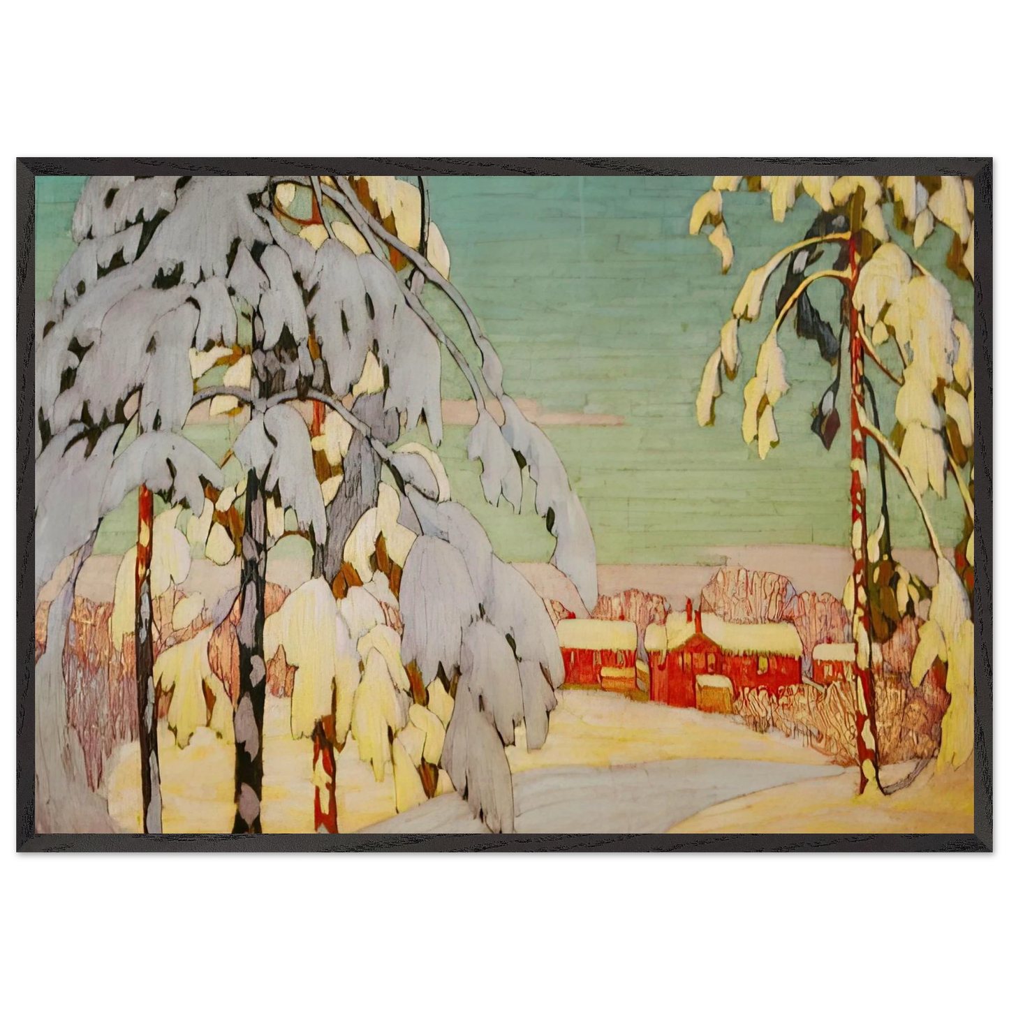Winter Landscape with Pink House - 1918 - Lawren Harris Framed Art Print – Black Wooden Frame - Default Title - -Framed Art Print