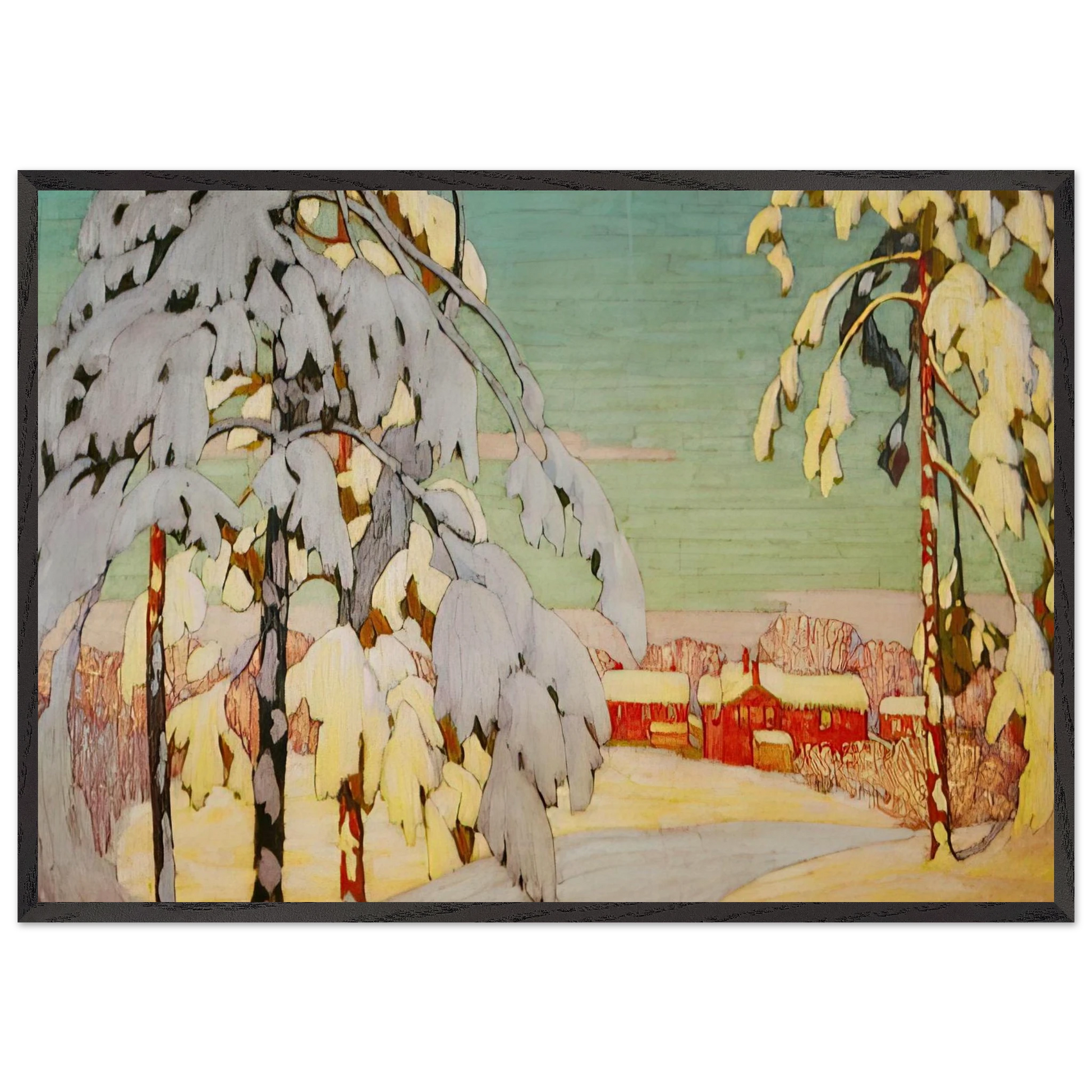 Winter Landscape with Pink House - 1918 - Lawren Harris Framed Art Print – Black Wooden Frame - Default Title - -Framed Art Print