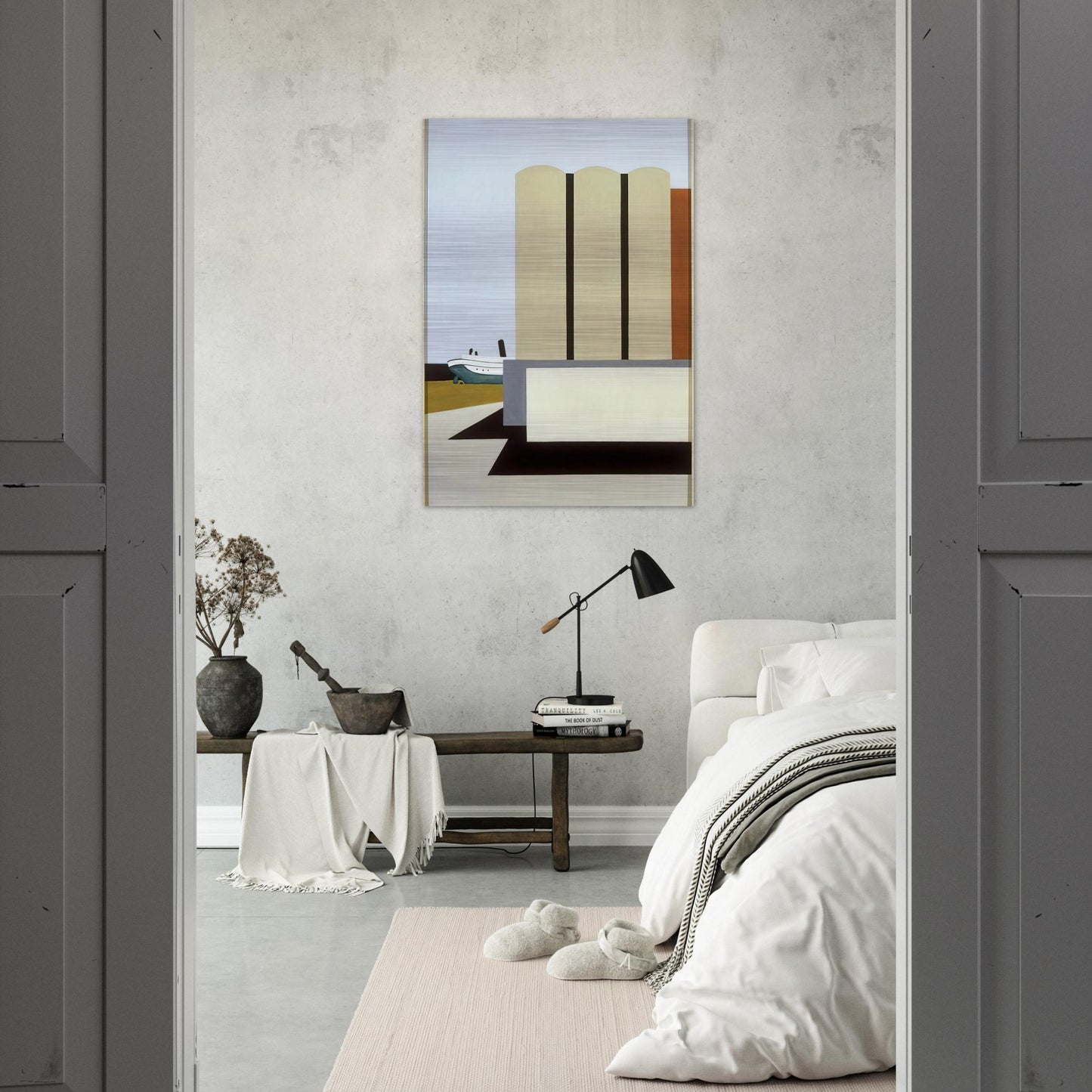 Boat and Grain Elevators No. 2 - 1942 - Ralston Crawford Brushed Aluminum Print - 70x100 cm / 28x40 inches | Ralston Crawford Aluminum Print | Ralston Crawford Prints