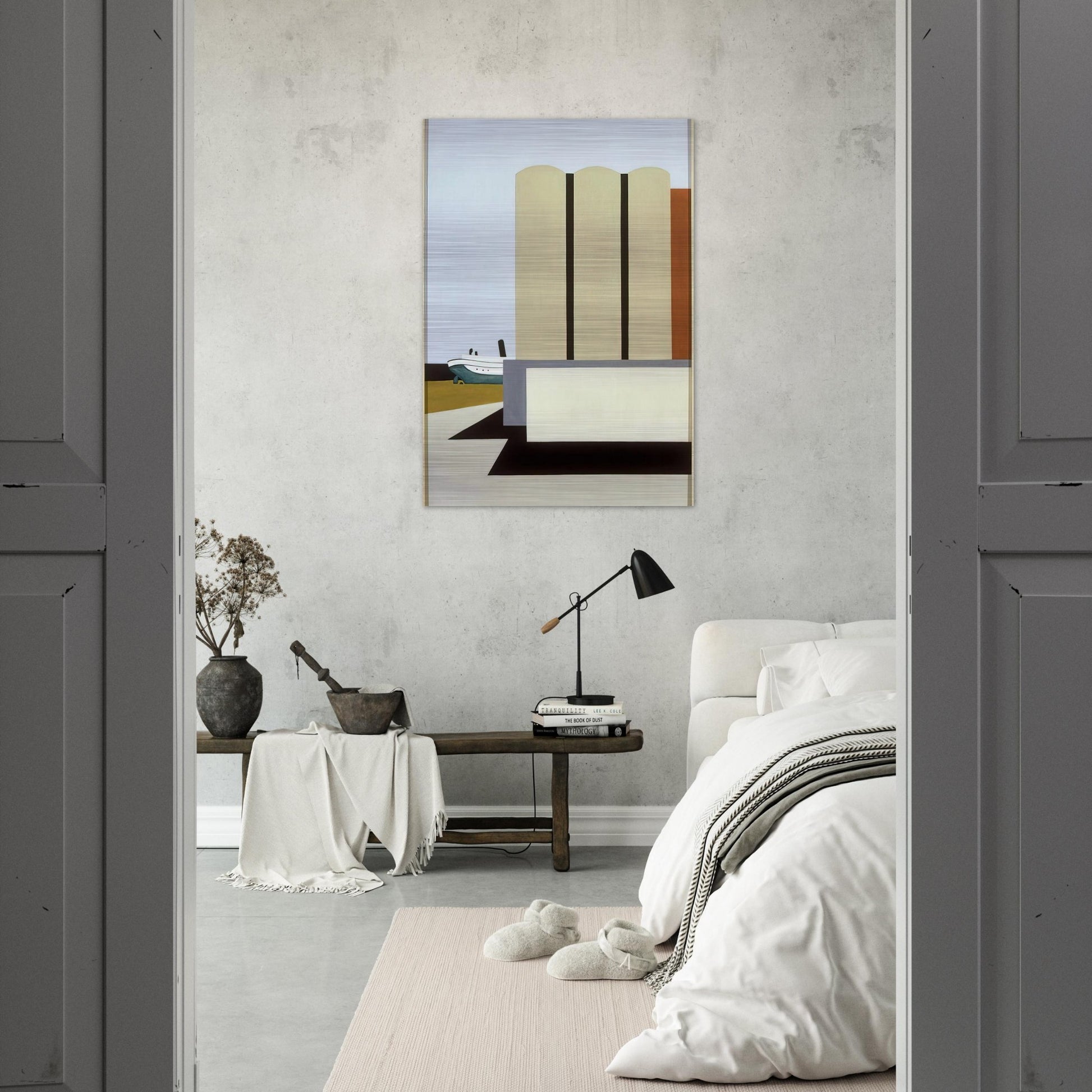 Boat and Grain Elevators No. 2 - 1942 - Ralston Crawford Brushed Aluminum Print - 70x100 cm / 28x40 inches | Ralston Crawford Aluminum Print | Ralston Crawford Prints