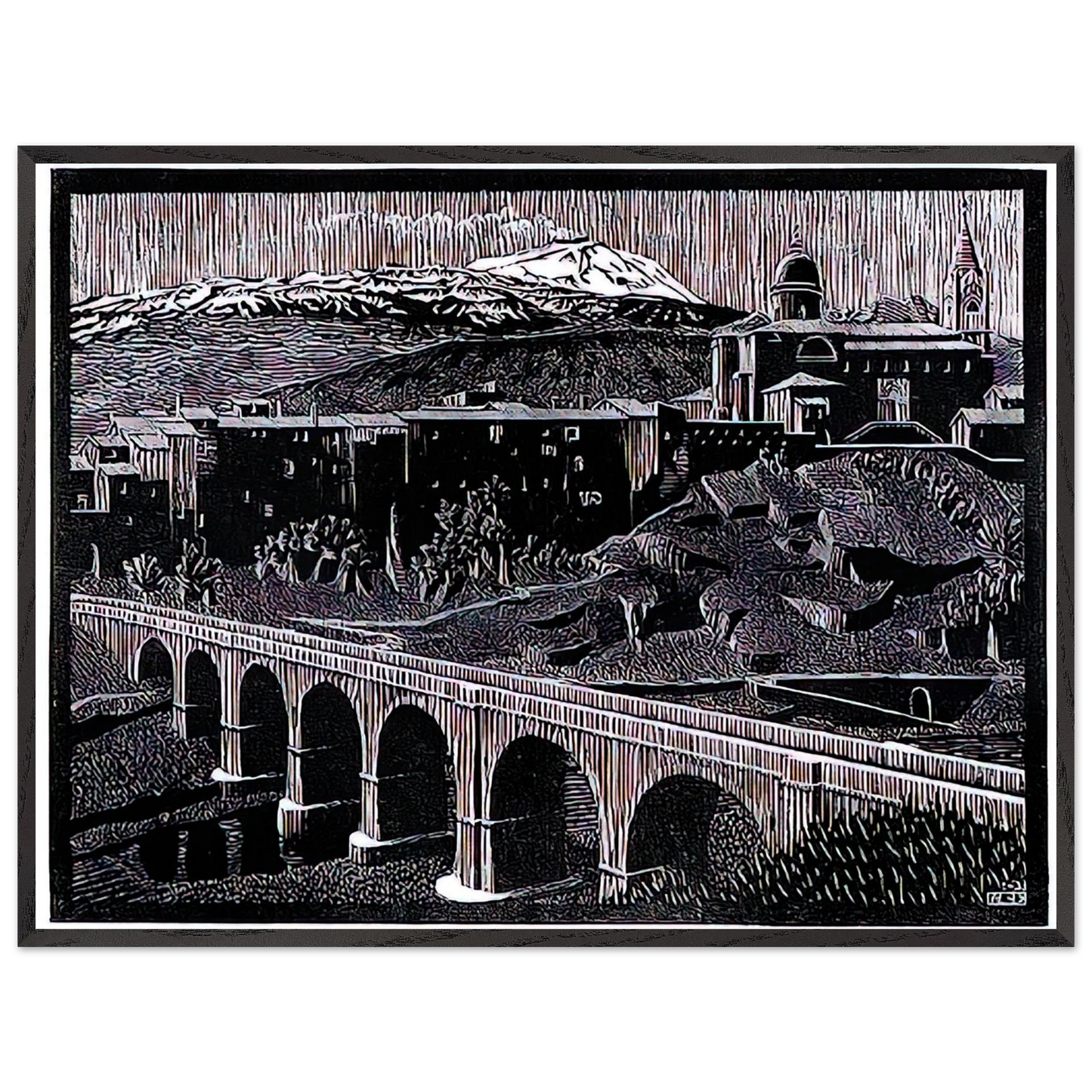 MC Escher - RANDAZZO AND MOUNT ETNA SICILY JANUARY 1933 1933 Wall Art - 60x80 cm / 24x32 inches - Premium Wooden Framed Poster With Fine Art Paper - Black frame