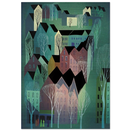 Village - Eyvind Earle Brushed Aluminum Print - 70x100 cm / 28x40 inches | Eyvind Earle Aluminum Print | Eyvind Earle Prints
