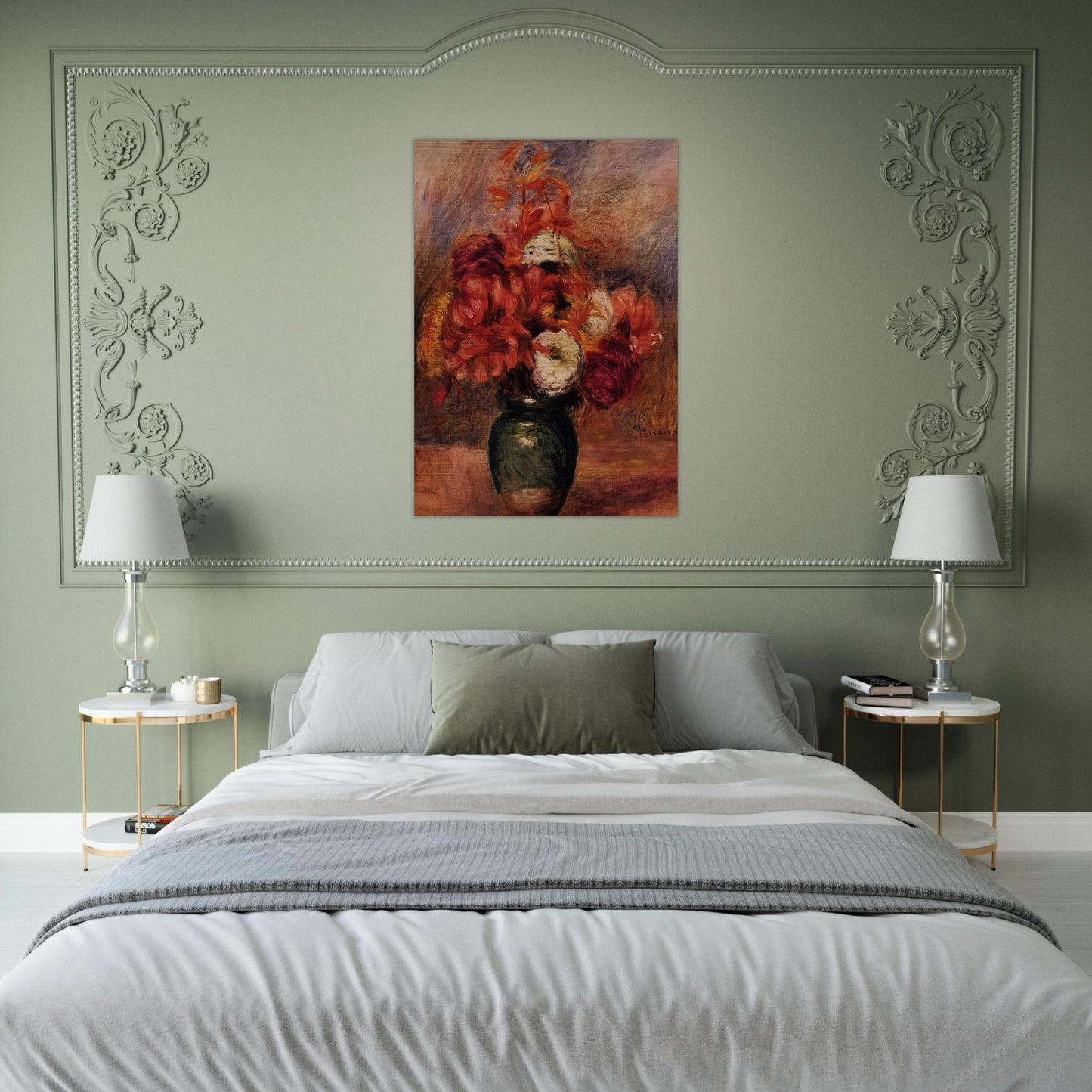Flowers in a Green Vase Dahlilas and Asters - Pierre-Auguste Renoir Brushed Aluminum Print - 70x100 cm / 28x40 inches | Pierre-Auguste Renoir Aluminum Print | Pierre-Auguste Renoir Prints