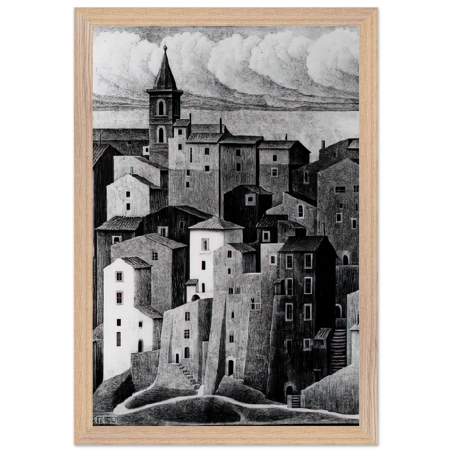 MC Escher - GENAZZANO ABRUZZI NOVEMBER 1929 1929 Wall Art - 21x29.7 cm / 8x12" - Premium Wooden Framed Poster With Fine Art Paper - White frame