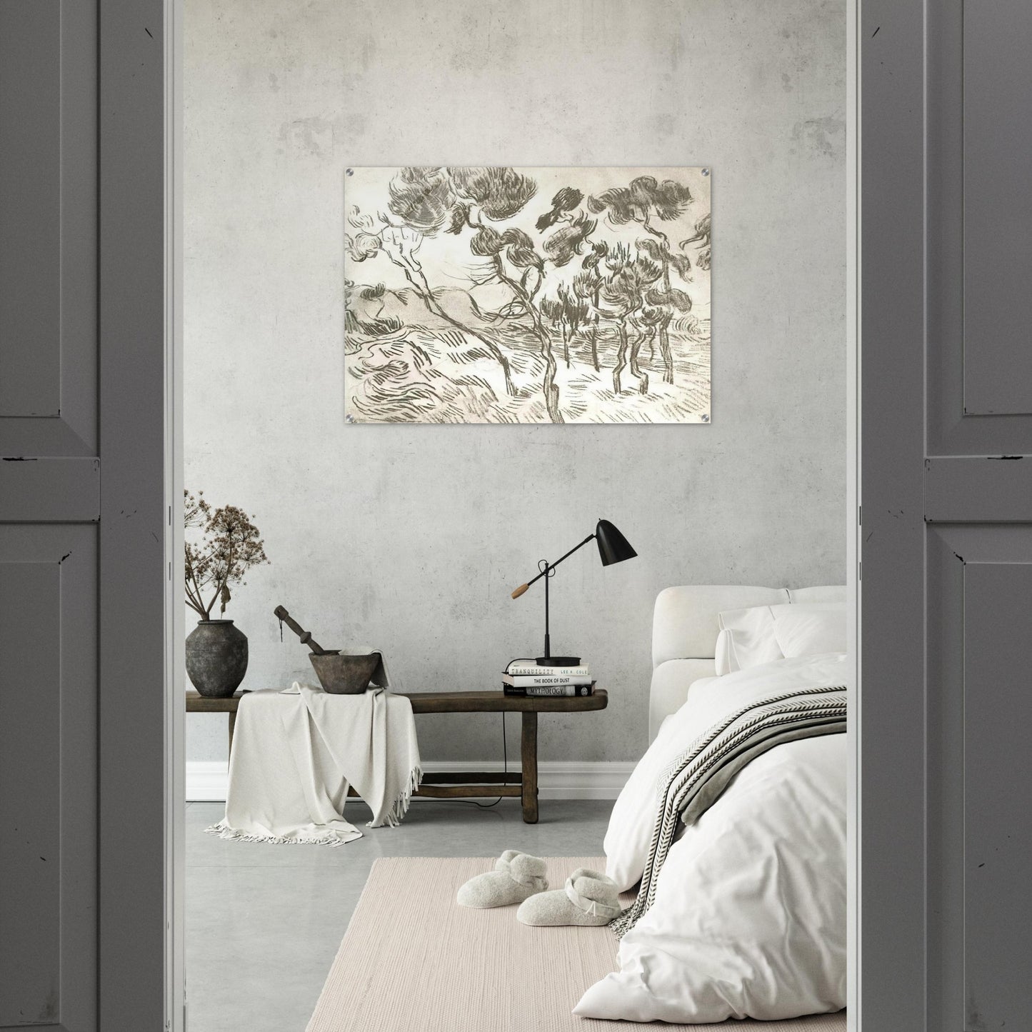 A Group of Pine Trees near a House - Vincent van Gogh Acrylic Print - 70x100 cm / 28x40″ inches