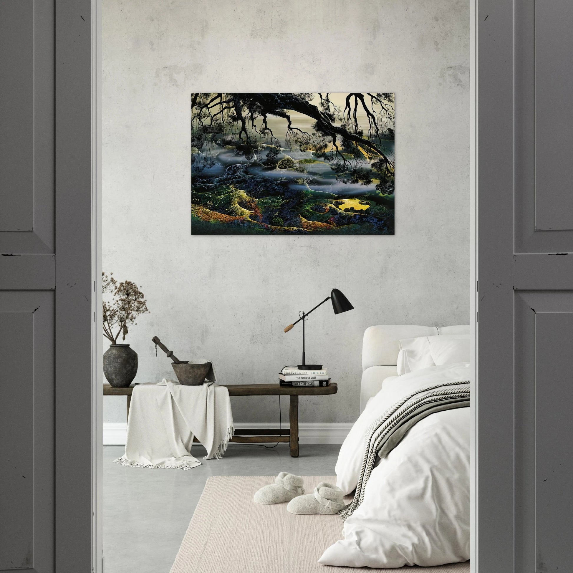 Fog Passes By - Eyvind Earle Brushed Aluminum Print - 70x100 cm / 28x40 inches | Eyvind Earle Aluminum Print | Eyvind Earle Prints