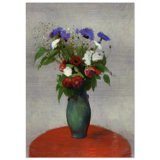 VASE OF FLOWERS ON A RED TABLECLOTH - Odilon Redon Brushed Aluminum Print - 70x100 cm / 28x40 inches | Odilon Redon Aluminum Print | Odilon Redon Prints