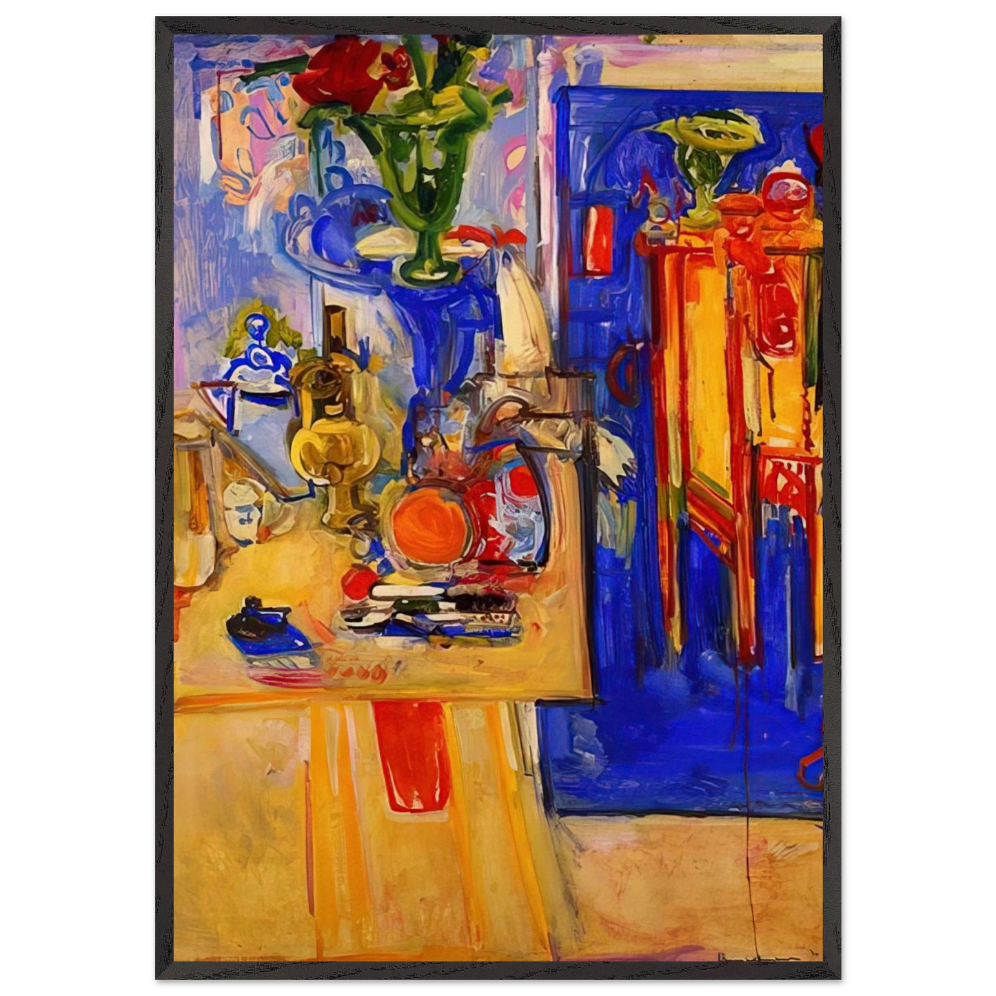 Table with Teakettle Green Vase and Red Flowers - Hans Hofmann Framed Art Print – Black Wooden Frame - Default Title - -Framed Art Print