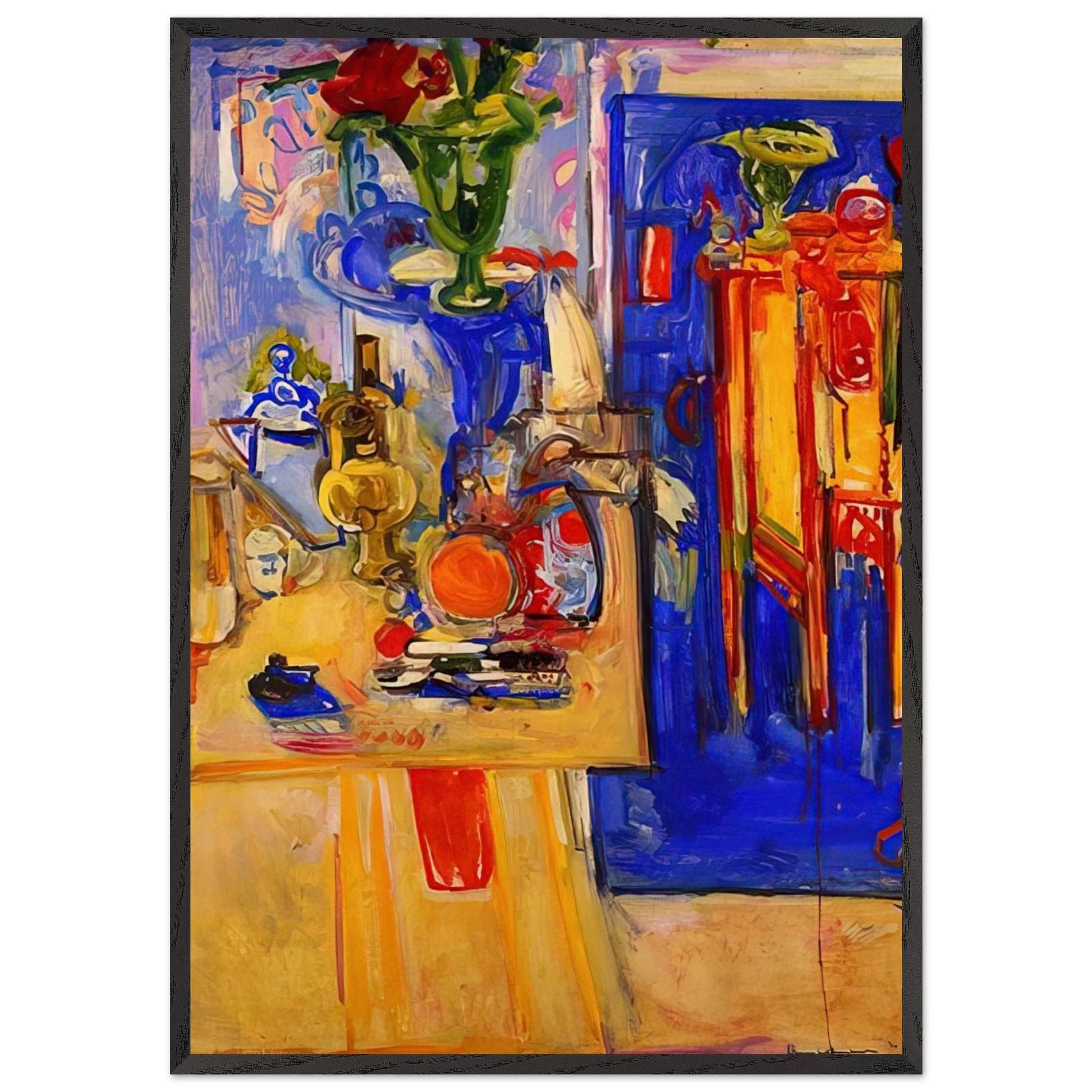 Table with Teakettle Green Vase and Red Flowers - Hans Hofmann Framed Art Print – Black Wooden Frame - Default Title - -Framed Art Print