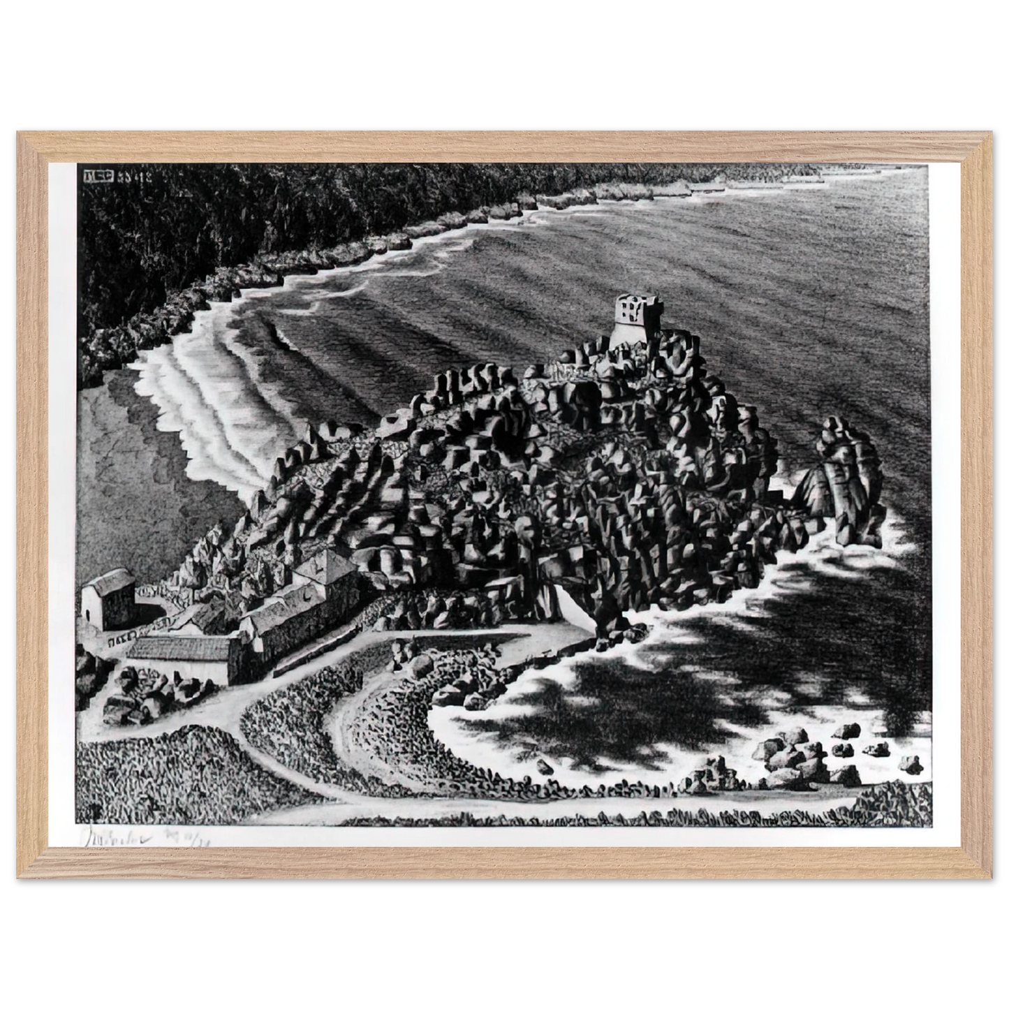 MC Escher - GULF OF PORTO CORSICA DECEMBER 1933 1933 Wall Art - 30x40 cm / 12x16 inches - Premium Wooden Framed Poster With Fine Art Paper - White frame