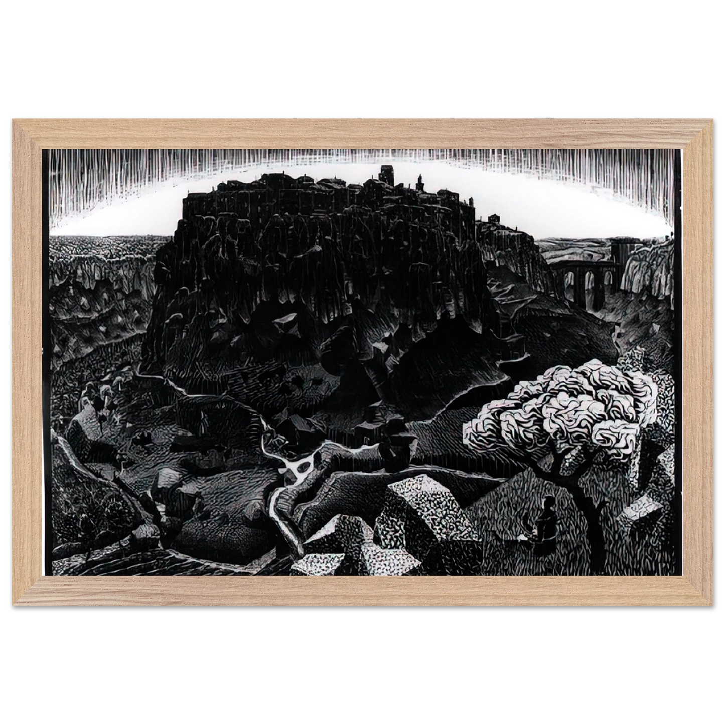 MC Escher - VITORCHIANO NEL CIMINO Wall Art - 21x29.7 cm / 8x12" - Premium Wooden Framed Poster With Fine Art Paper - Wood frame