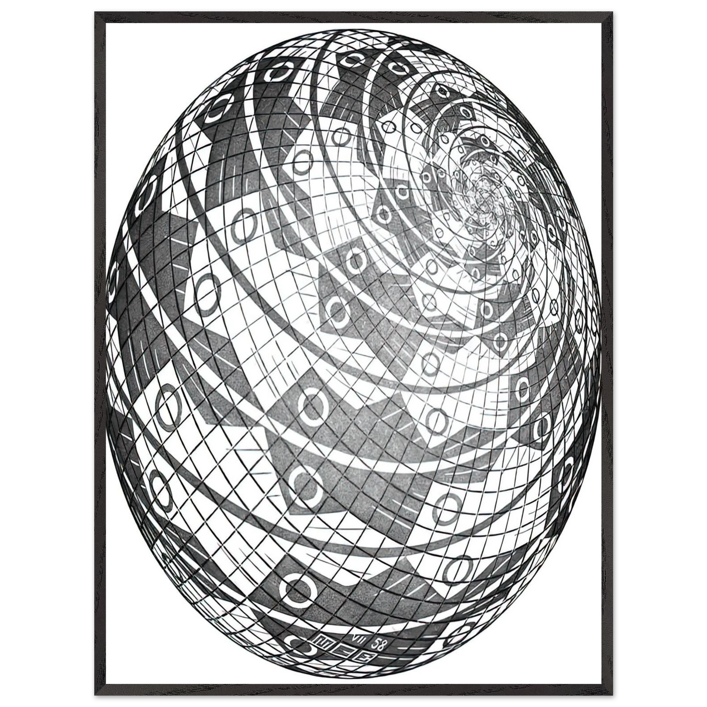 MC Escher - SPHERE SURFACE WITH FISHES Wall Art - 21x29.7 cm / 8x12" - Premium Wooden Framed Poster With Fine Art Paper - Black frame