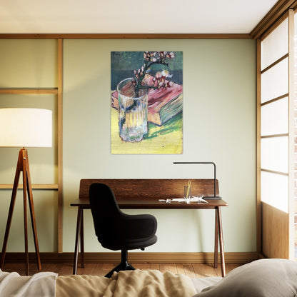 Blossoming Almond Branch in a Glass with a Book - Vincent van Gogh Brushed Aluminum Print - 70x100 cm / 28x40 inches | Vincent van Gogh Aluminum Print | Vincent van Gogh Prints