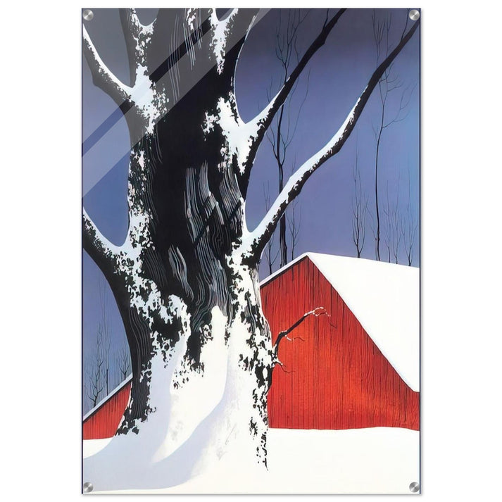Red Barn and Tree Snow - Eyvind Earle Acrylic Print - 70x100 cm / 28x40″ inches | Eyvind Earle Wall Art | Eyvind Earle Prints