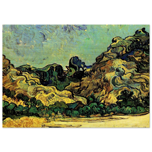 Mountains at Saint-Remy with Dark Cottage - Vincent van Gogh Brushed Aluminum Print - 70x100 cm / 28x40 inches | Vincent van Gogh Aluminum Print | Vincent van Gogh Prints