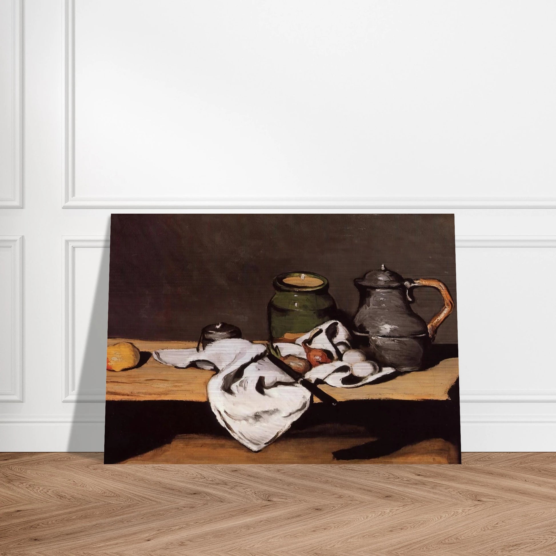 Still Life with Green Pot and Pewter Jug - Paul Cézanne Brushed Aluminum Print - 70x100 cm / 28x40 inches | Paul Cézanne Aluminum Print | Paul Cézanne Prints