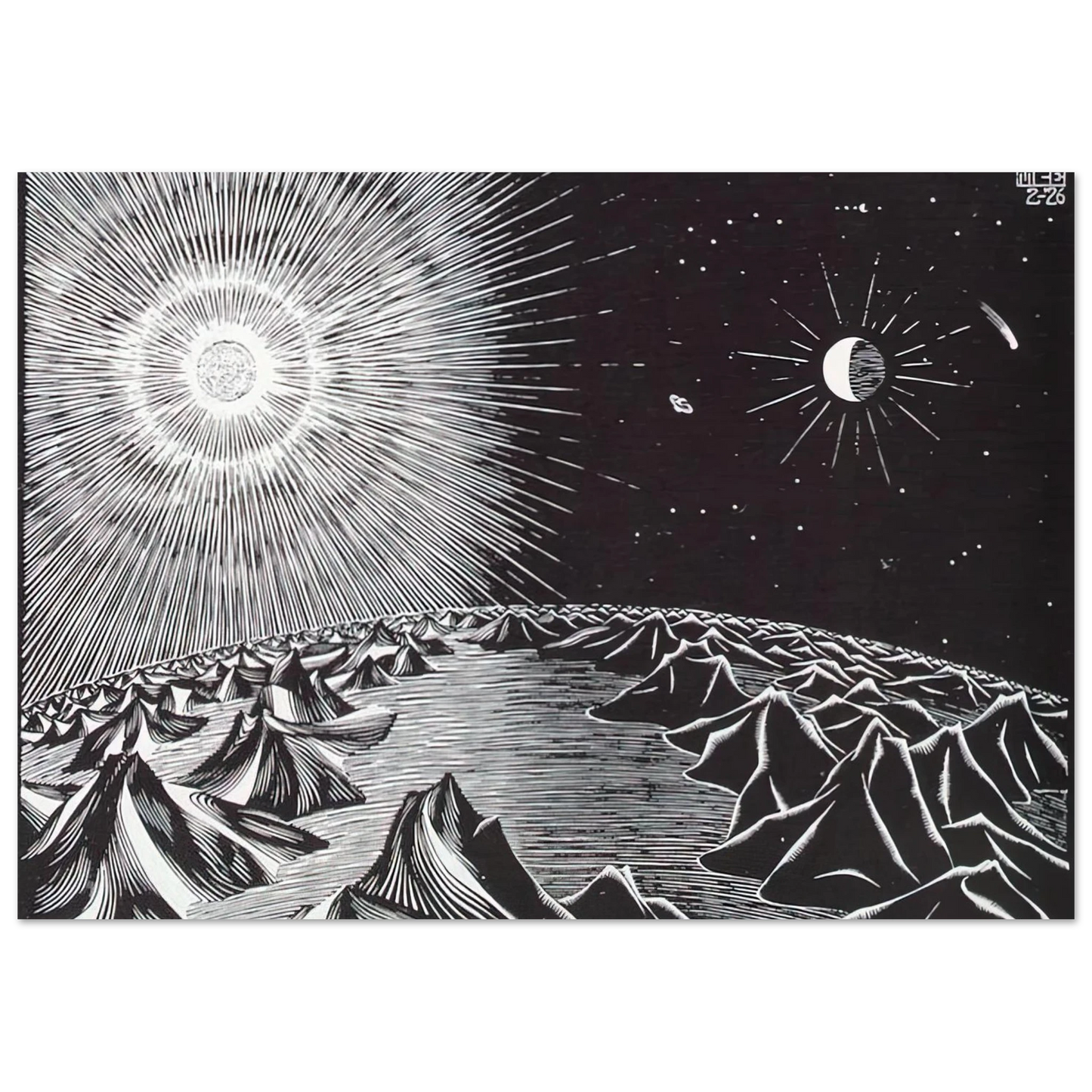MC Escher - THE 4TH DAY OF THE CREATION Wall Art - 60x80 cm / 24x32 inches - Premium Wooden Framed Poster With Fine Art Paper - Black frame