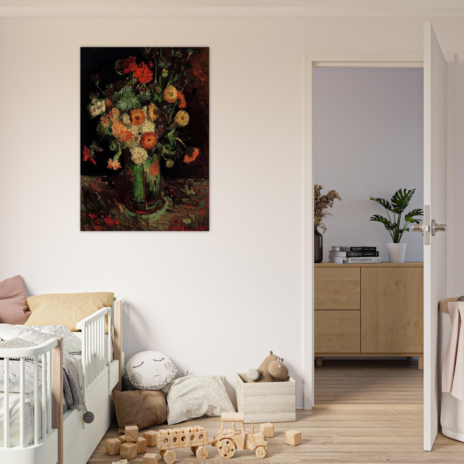 Vase with Zinnias and Geraniums - Vincent van Gogh Brushed Aluminum Print - 70x100 cm / 28x40 inches | Vincent van Gogh Aluminum Print | Vincent van Gogh Prints