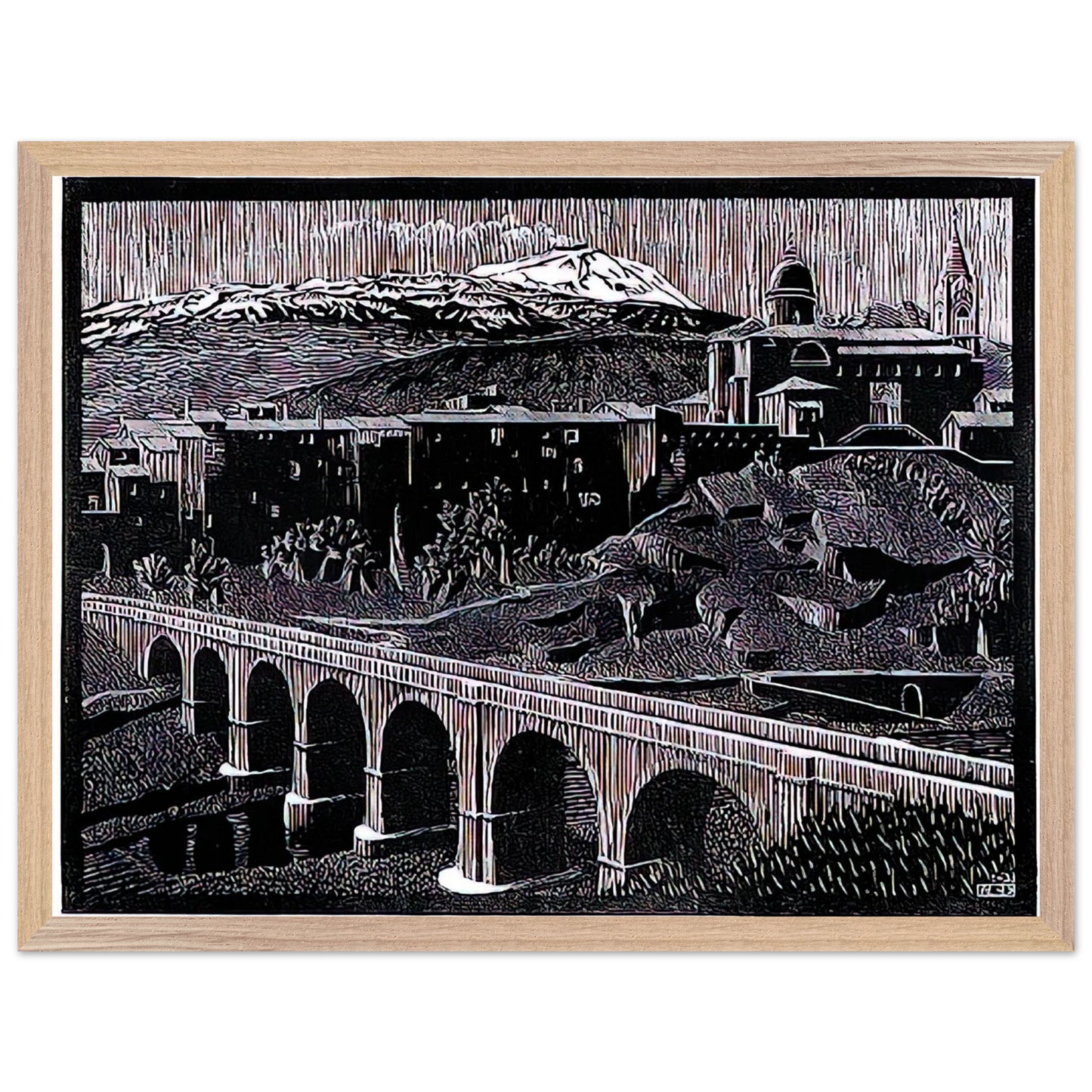 MC Escher - RANDAZZO AND MOUNT ETNA SICILY JANUARY 1933 1933 Wall Art - 21x29.7 cm / 8x12" - Premium Wooden Framed Poster With Fine Art Paper - Wood frame