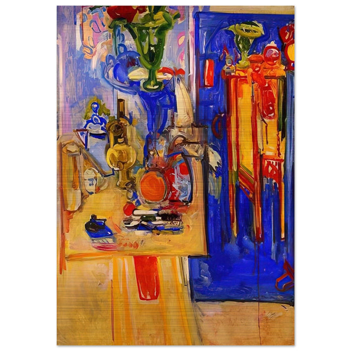 Table with Teakettle, Green Vase and Red Flowers - Hans Hofmann Brushed Aluminum Print - 70x100 cm / 28x40 inches | Hans Hofmann Aluminum Print | Hans Hofmann Prints
