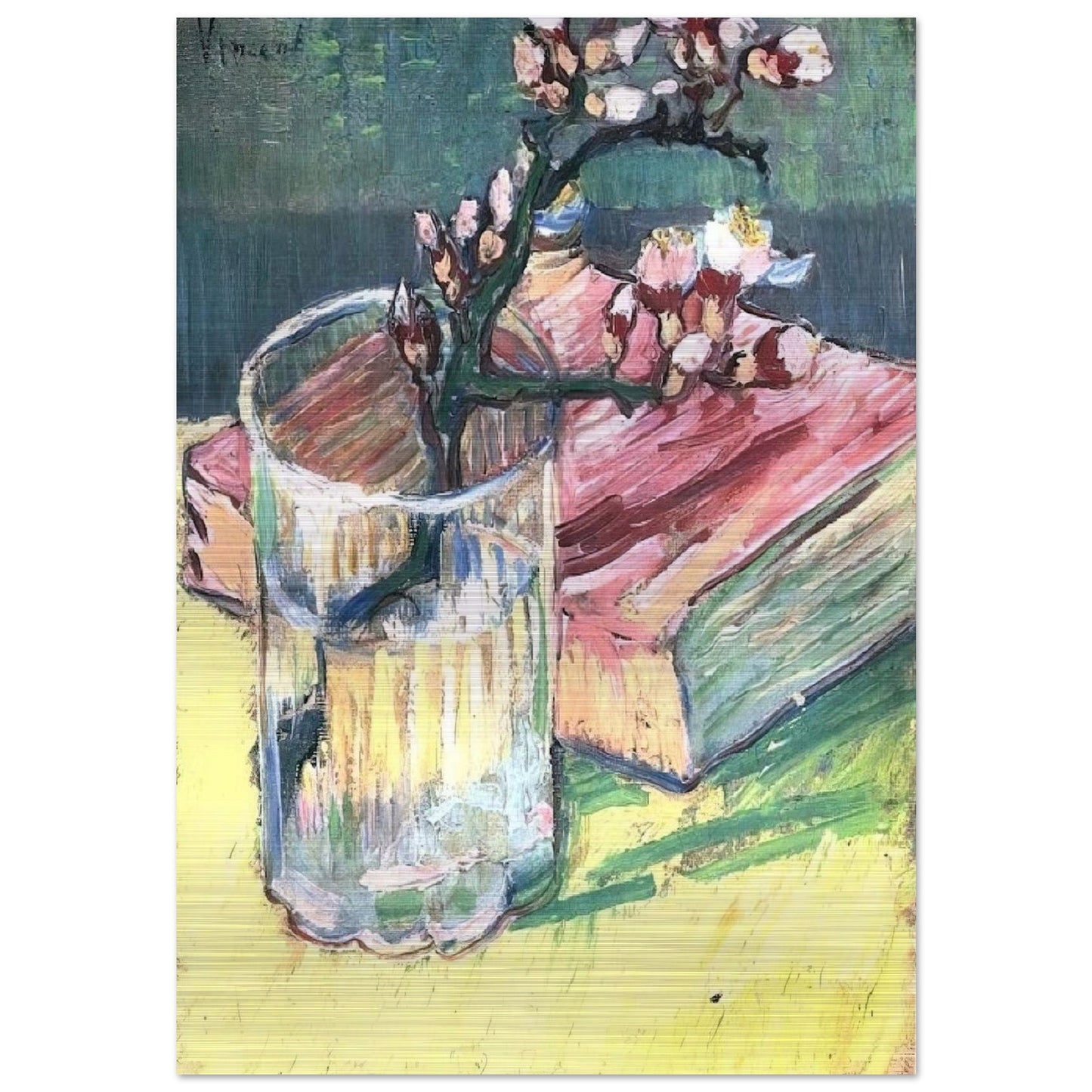 Blossoming Almond Branch in a Glass with a Book - Vincent van Gogh Brushed Aluminum Print - 70x100 cm / 28x40 inches | Vincent van Gogh Aluminum Print | Vincent van Gogh Prints