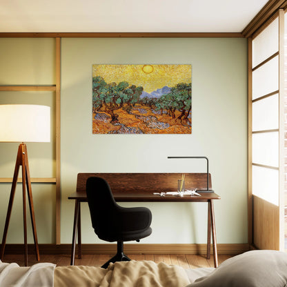 Olive Trees with Yellow Sky and Sun - Vincent van Gogh Brushed Aluminum Print - 70x100 cm / 28x40 inches | Vincent van Gogh Aluminum Print | Vincent van Gogh Prints