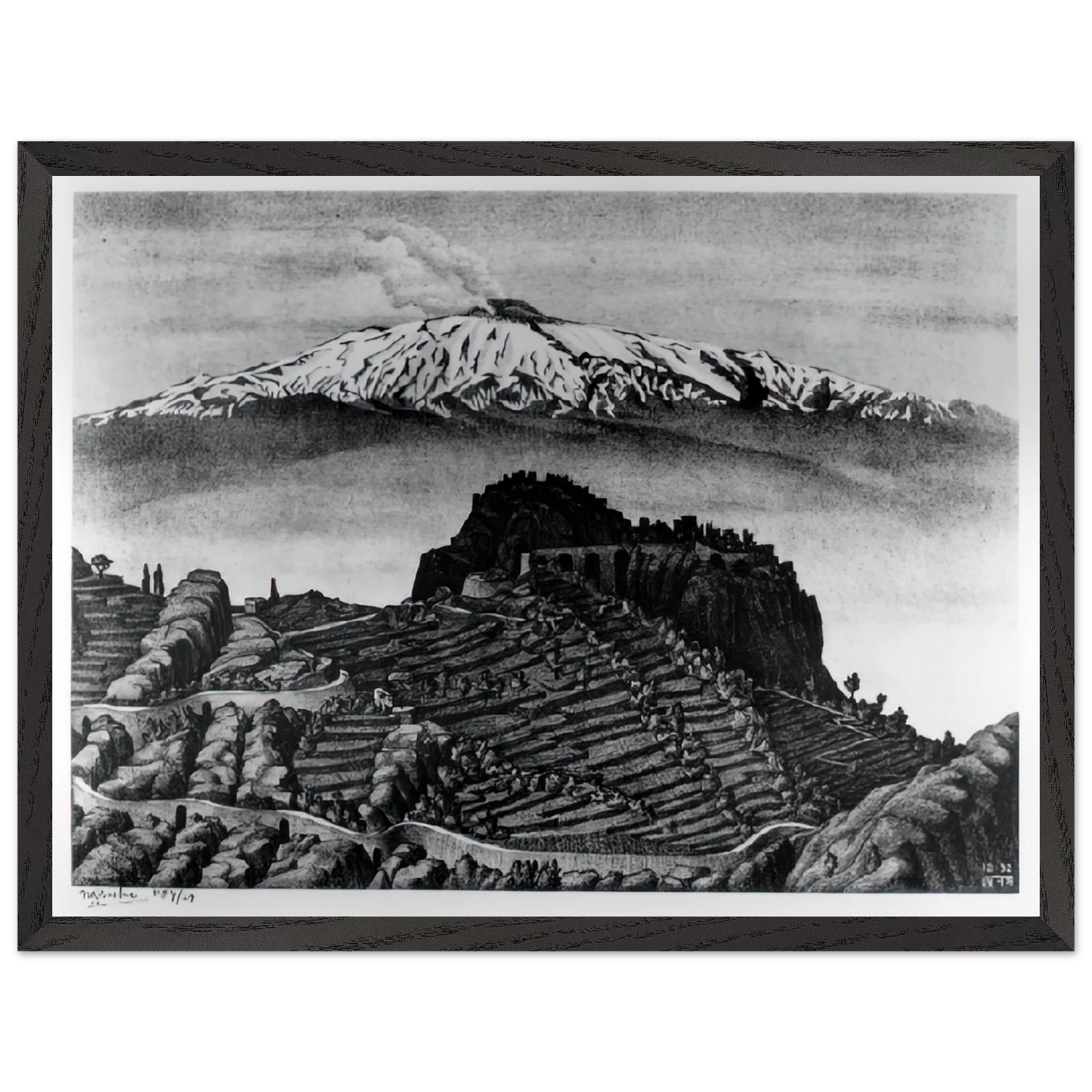 MC Escher - CASTEL MOLA AND MOUNT ETNA SICILY DECEMBER 1932 1932 Wall Art - 21x29.7 cm / 8x12" - Premium Wooden Framed Poster With Fine Art Paper - Black frame