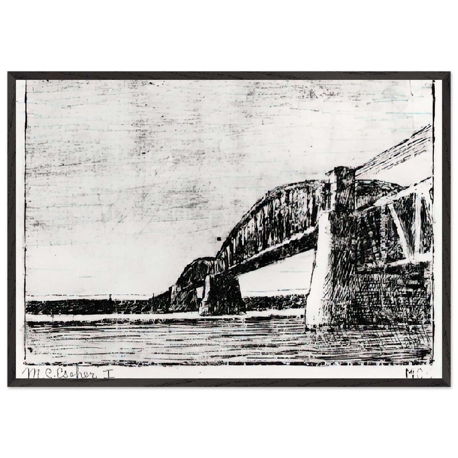 RAILWAY BRIDGE OOSTERBEEK - MC Escher Framed Art Print – Black Wooden Frame - Default Title - -Framed Art Print