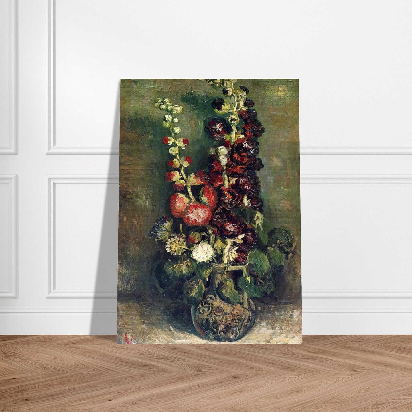 Vase of Hollyhocks - Vincent van Gogh Brushed Aluminum Print - 70x100 cm / 28x40 inches | Vincent van Gogh Aluminum Print | Vincent van Gogh Prints