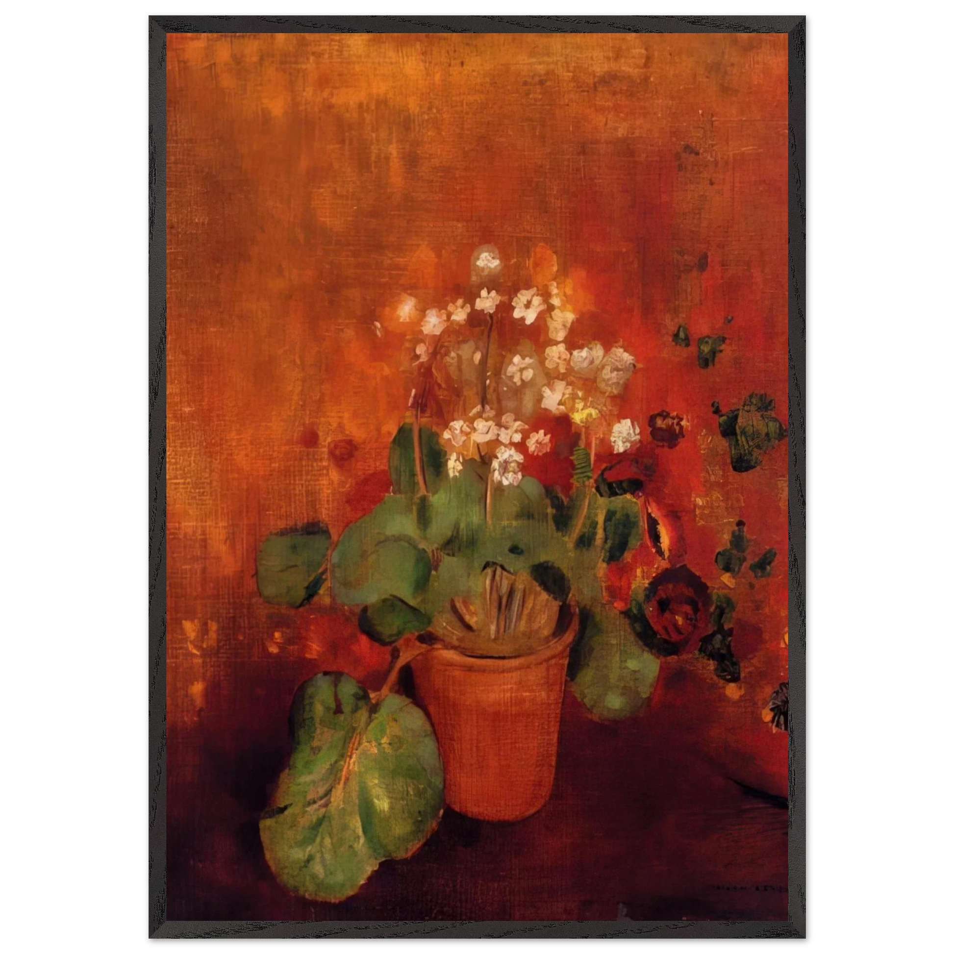 FLOWERS IN A POT ON A RED BACKGROUND - Odilon Redon Framed Art Print – Black Wooden Frame - Default Title - -Framed Art Print