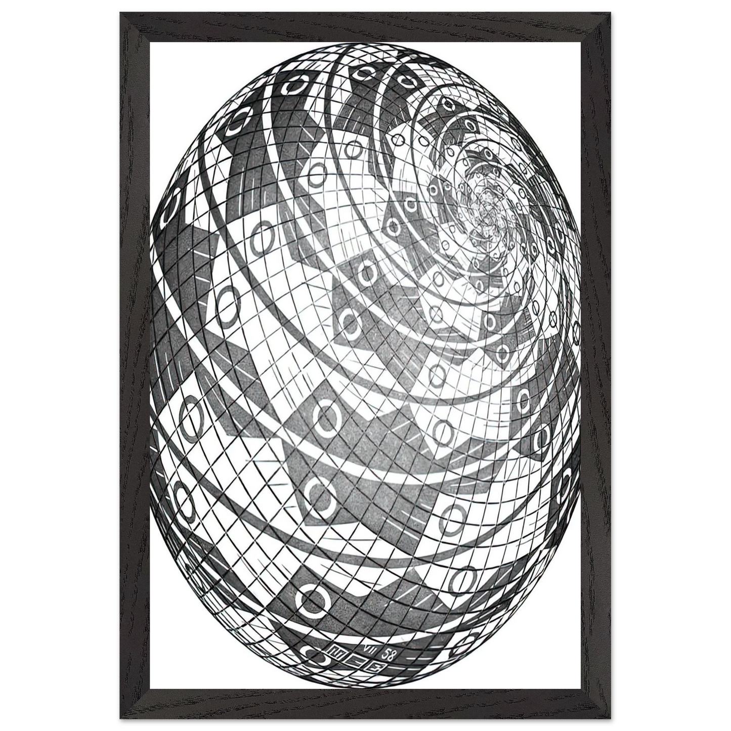 MC Escher - SPHERE SURFACE WITH FISHES Wall Art - 21x29.7 cm / 8x12" - Premium Wooden Framed Poster With Fine Art Paper - Wood frame