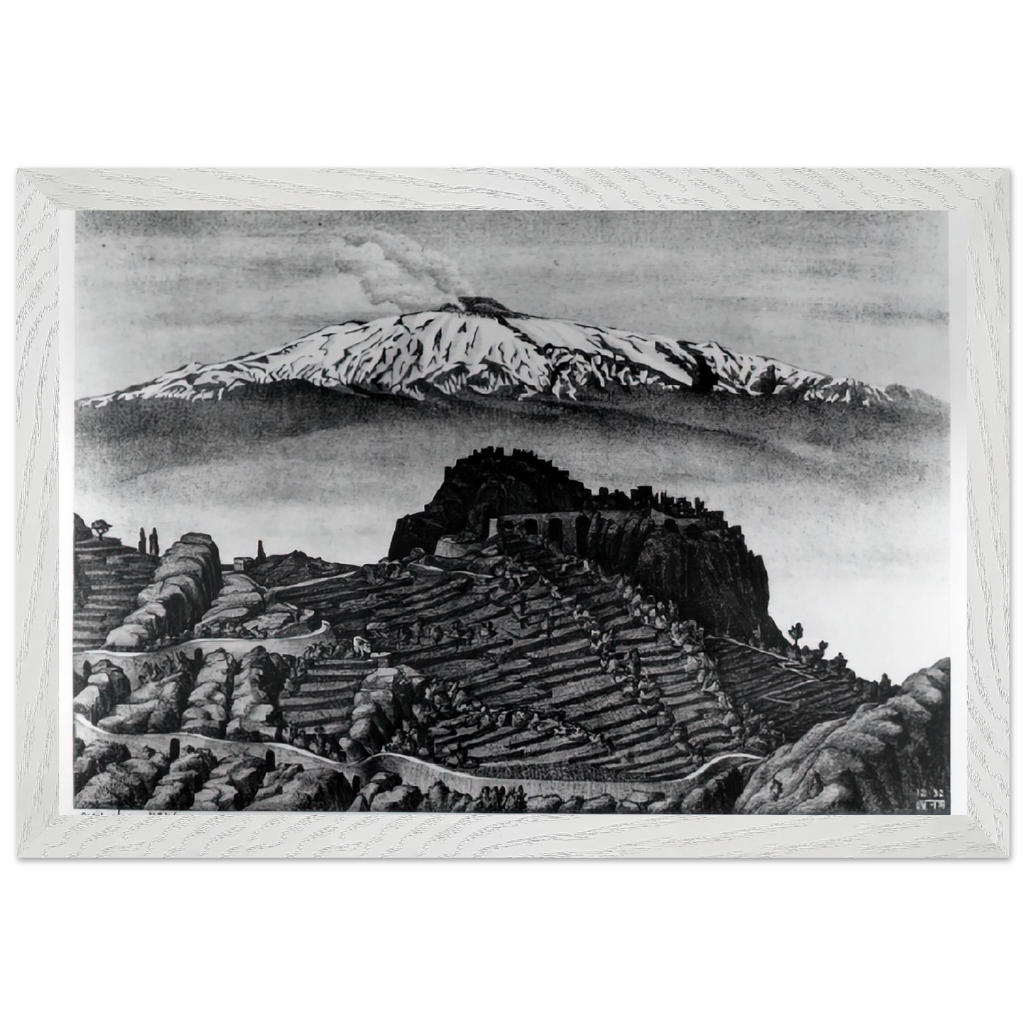 MC Escher - CASTEL MOLA AND MOUNT ETNA SICILY DECEMBER 1932 1932 Wall Art - 60x80 cm / 24x32 inches - Premium Wooden Framed Poster With Fine Art Paper - Black frame