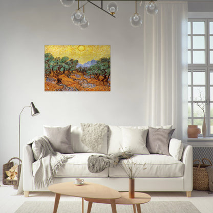 Olive Trees with Yellow Sky and Sun - Vincent van Gogh Brushed Aluminum Print - 70x100 cm / 28x40 inches | Vincent van Gogh Aluminum Print | Vincent van Gogh Prints