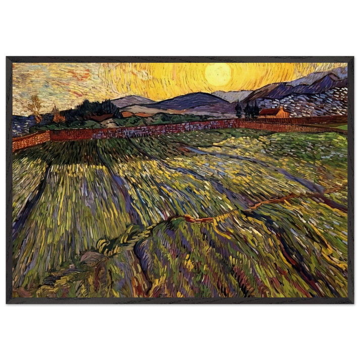 Wheat Field with Rising Sun - Vincent van Gogh 70x100 cm / 28x40 inches Framed Art Print – Black Wooden Frame