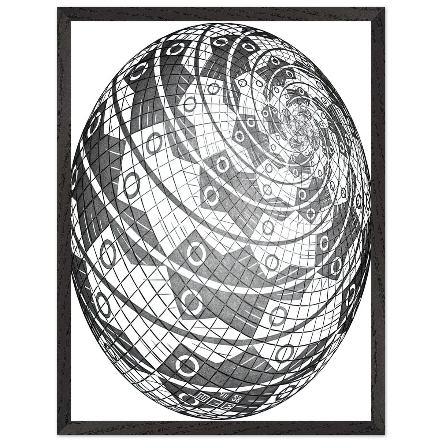 MC Escher - SPHERE SURFACE WITH FISHES Wall Art - 30x40 cm / 12x16 inches - Premium Wooden Framed Poster With Fine Art Paper - Wood frame