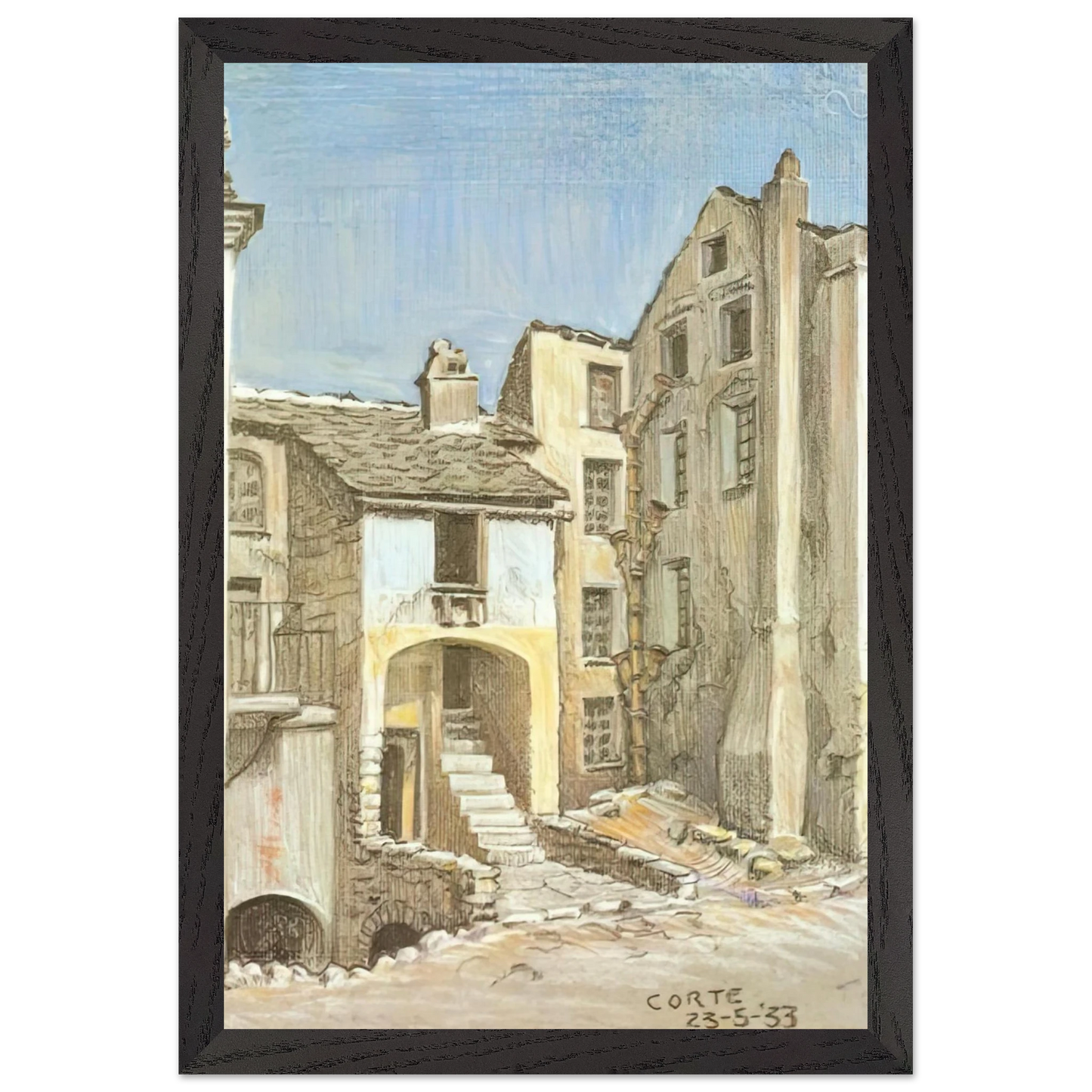 MC Escher - CORTE CORSICA Wall Art - 21x29.7 cm / 8x12" - Premium Wooden Framed Poster With Fine Art Paper - White frame