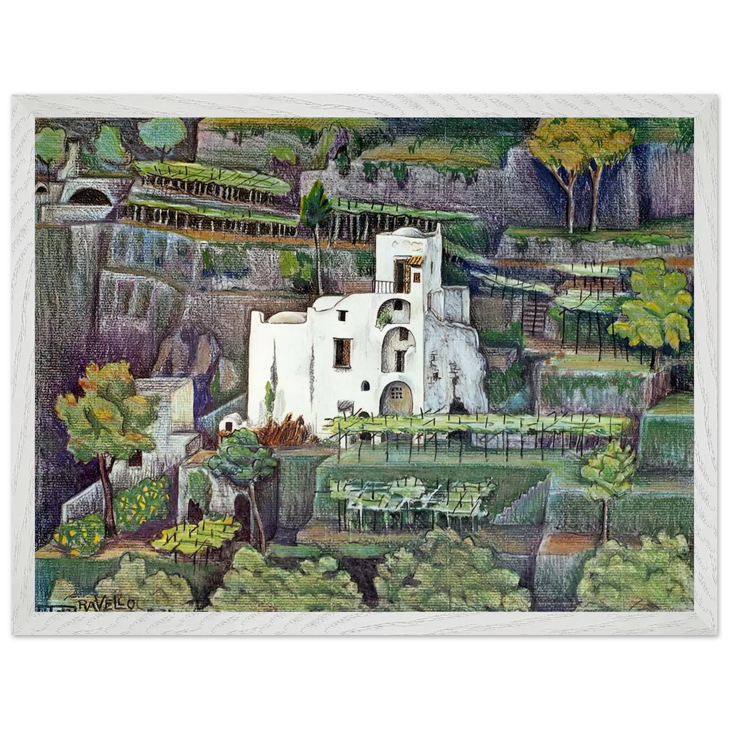 MC Escher - FARMHOUSE RAVELLO COLOUR Wall Art - 21x29.7 cm / 8x12" - Premium Wooden Framed Poster With Fine Art Paper - White frame