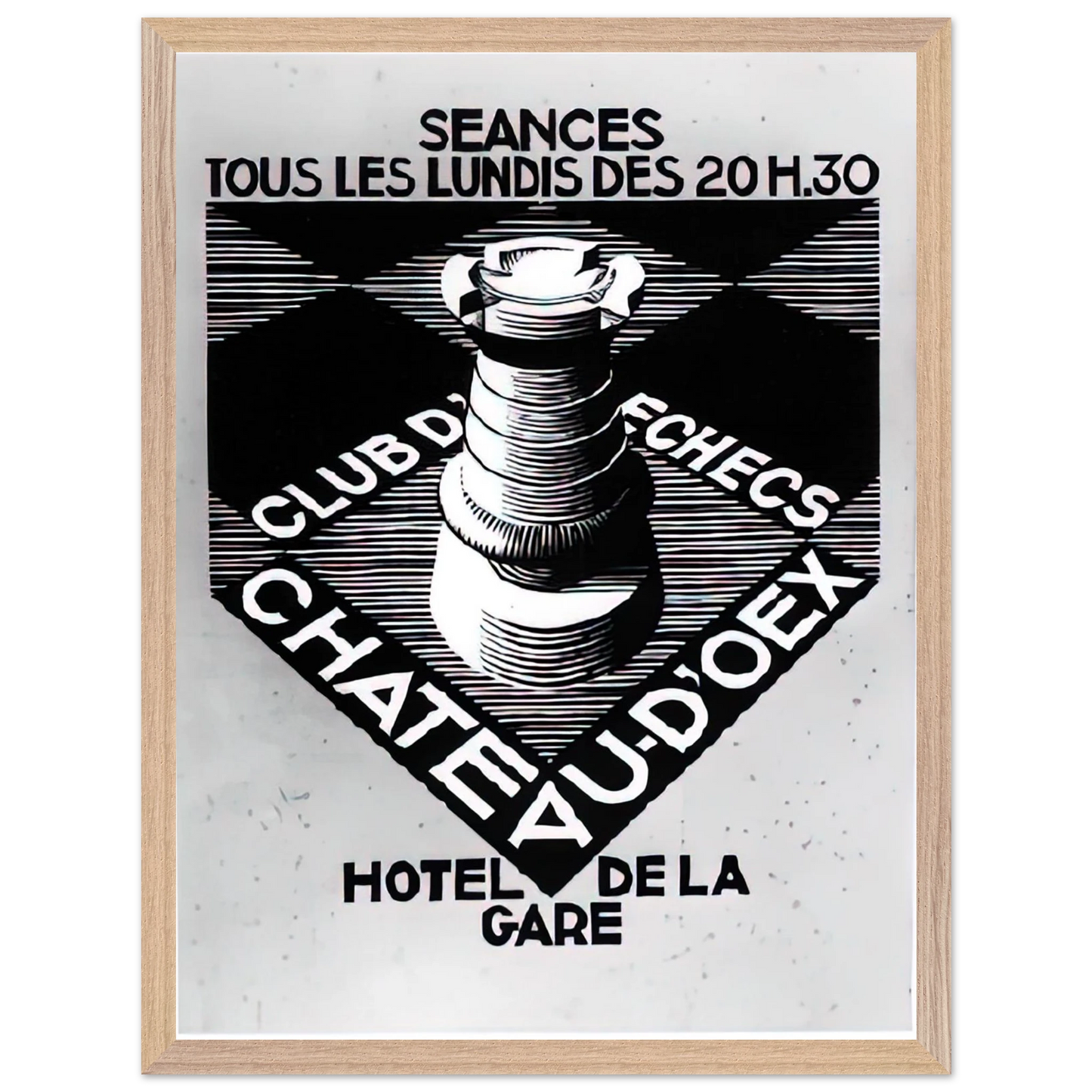 MC Escher - ADVERTISEMENT CHESS CLUB CHATEAU DOEX JULY 1936 1936 Wall Art - 30x40 cm / 12x16 inches - Premium Wooden Framed Poster With Fine Art Paper - White frame