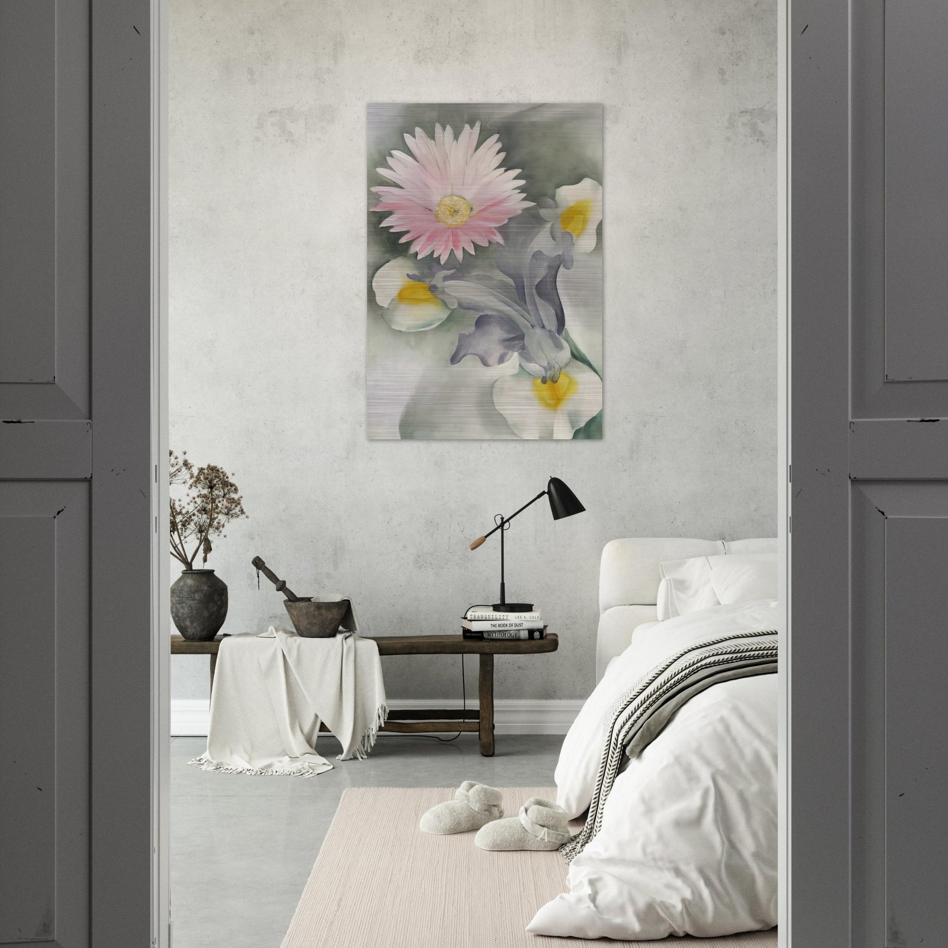 Pink Daisy with Iris - Georgia O'Keeffe Brushed Aluminum Print - 70x100 cm / 28x40 inches | Georgia O'Keeffe Aluminum Print | Georgia O'Keeffe Prints