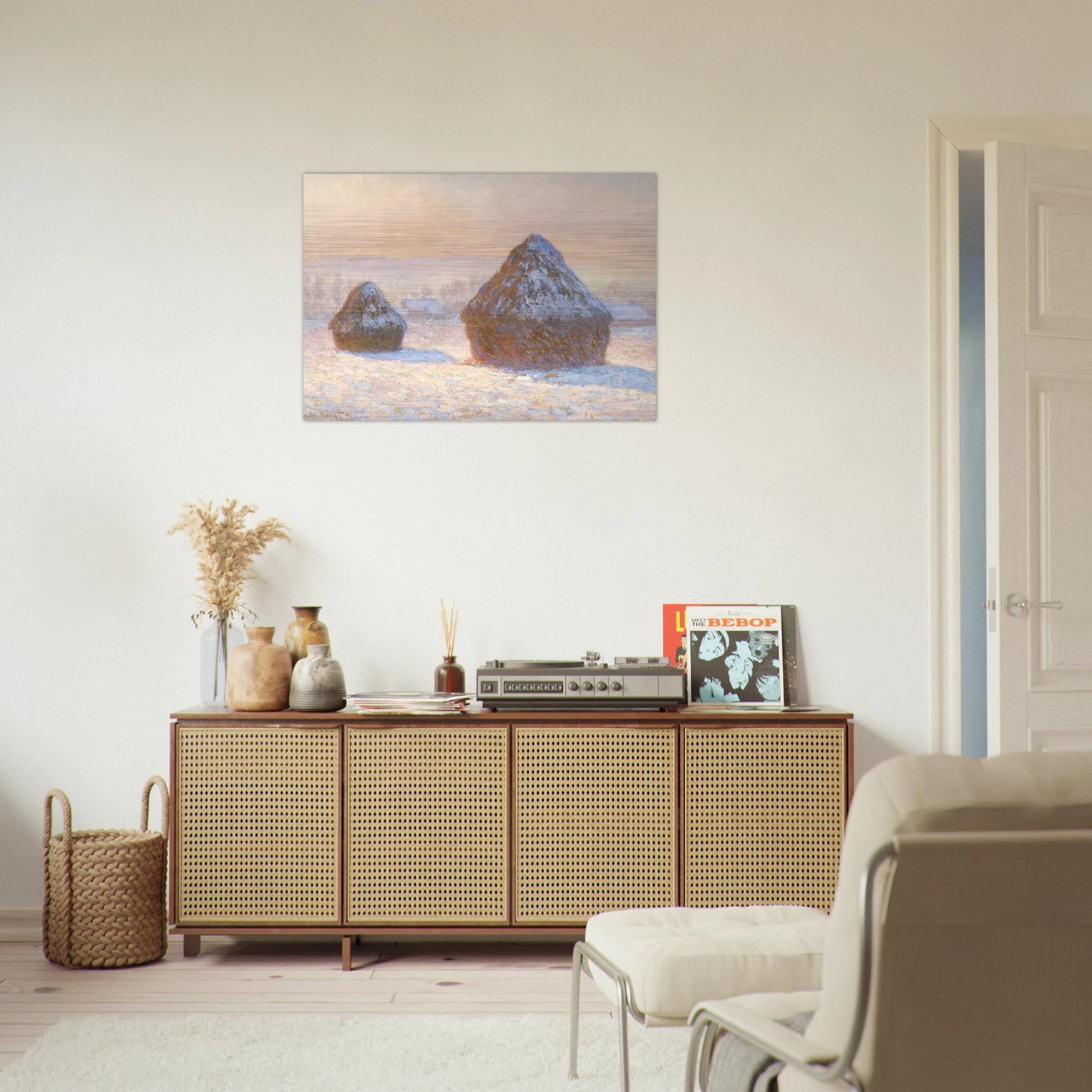 Wheatstacks, Snow Effect, Morning - claude monet Brushed Aluminum Print - 70x100 cm / 28x40 inches | claude monet Aluminum Print | claude monet Prints