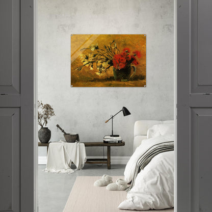 Vase with Red and White Carnations on a Yellow Background - Vincent van Gogh Acrylic Print - 70x100 cm / 28x40″ inches